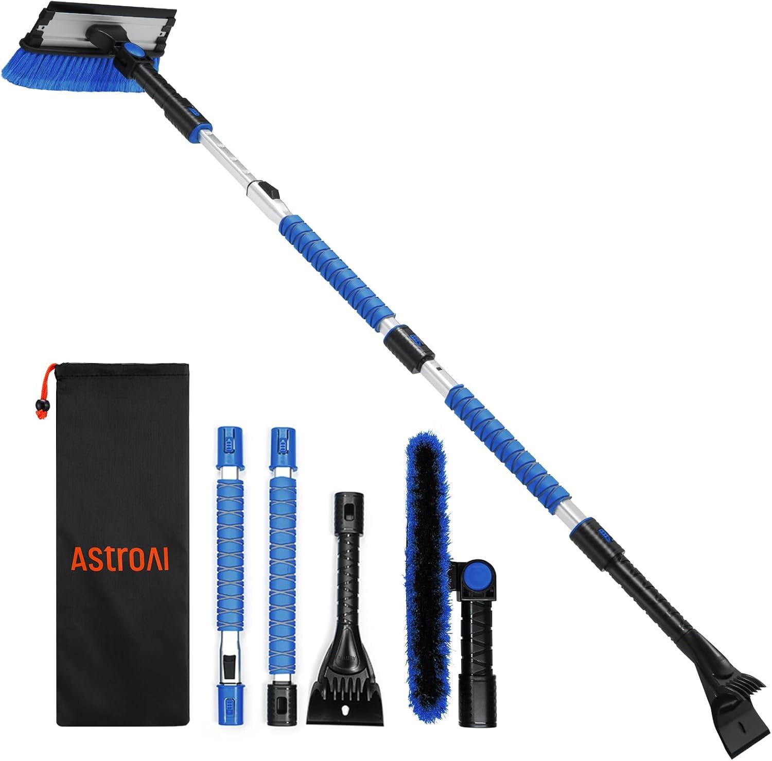 imageAstroAI 472quot Ice Scrapers for Car Windshield 3 in 1 Sturdy Snow Brush with Squeegee 10 Adjustable Length Settings Extendable Aluminum Handle 180 Pivoting Snow Scraper for Car Truck SUVOrangeblue