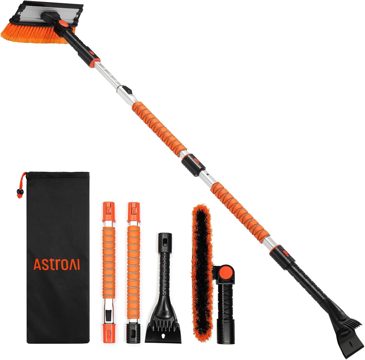 imageAstroAI 472quot Ice Scrapers for Car Windshield 3 in 1 Sturdy Snow Brush with Squeegee 10 Adjustable Length Settings Extendable Aluminum Handle 180 Pivoting Snow Scraper for Car Truck SUVOrangeOrange