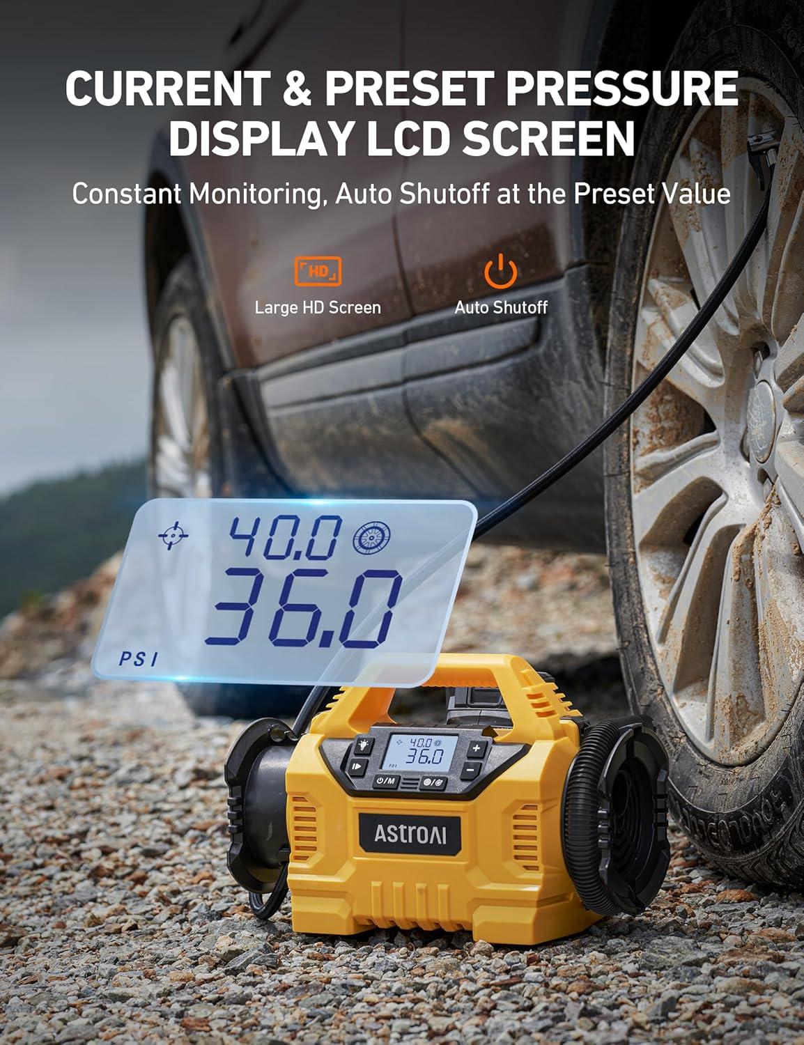 imageAstroAI Cordless Tire Inflator Portable Air Compressor for Car 160PSI with HD Screen 3 Power Sources ampamp Dual Powerful Motors Heavy Duty Air Pump InflationDeflation father day gifts