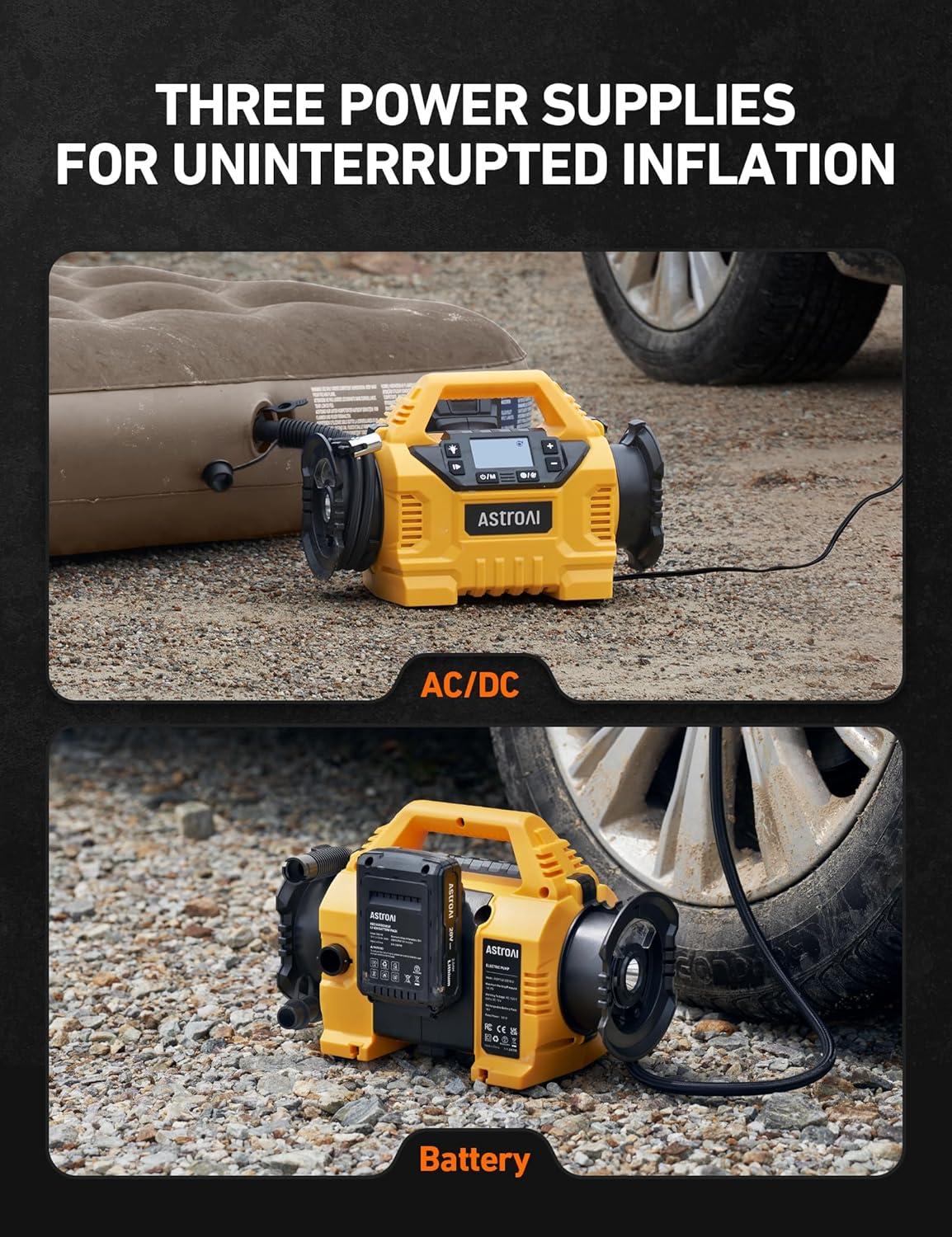 imageAstroAI Cordless Tire Inflator Portable Air Compressor for Car 160PSI with HD Screen 3 Power Sources ampamp Dual Powerful Motors Heavy Duty Air Pump InflationDeflation father day gifts