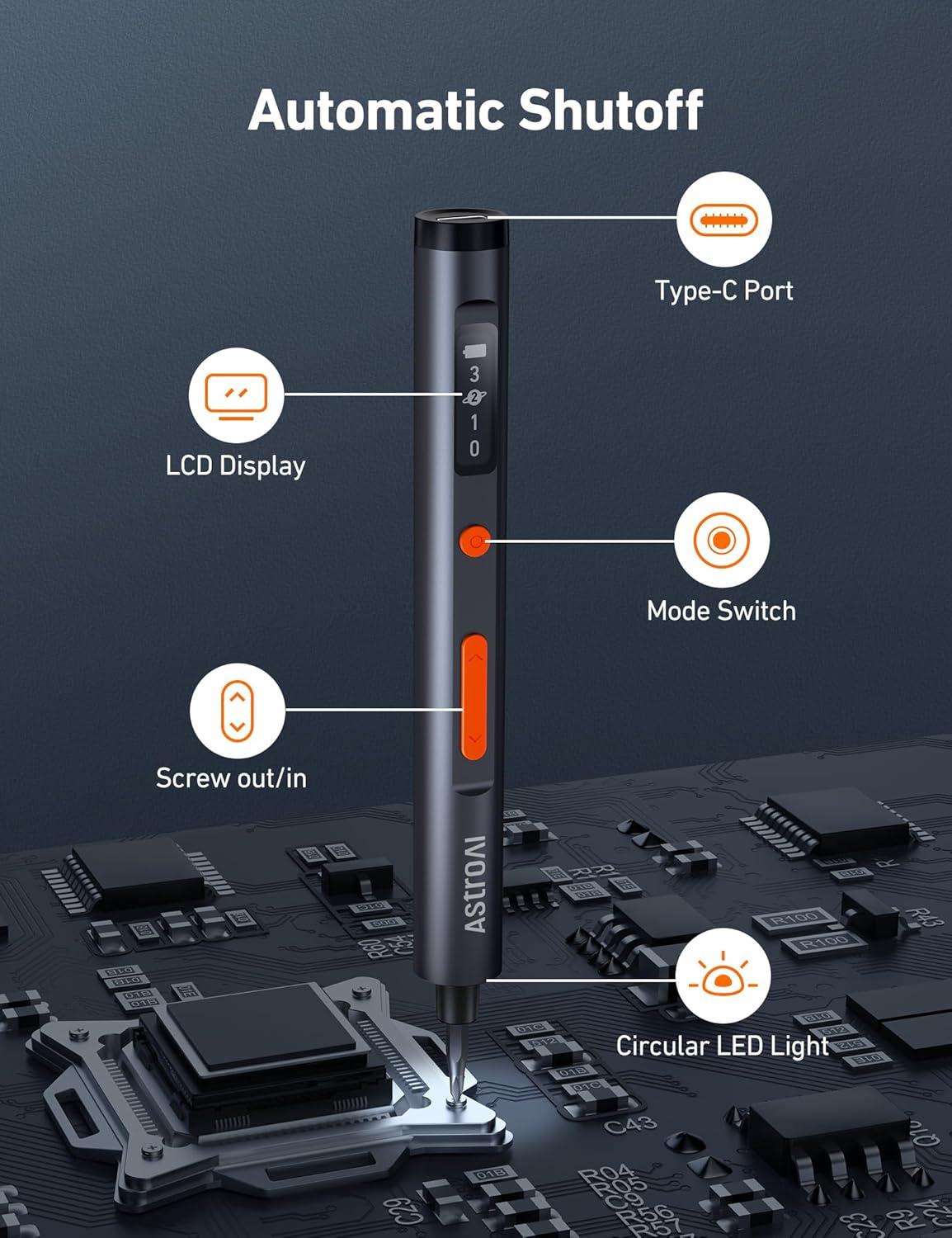 imageAstroAI ES60 37V Mini Electric Screwdriver 63in1 Electric Screwdriver Cordless Set with 60 Magnetic Bits Rotatable Magnetic Storage Repair Tool Kit for Phone Camera Laptop WatchOrange