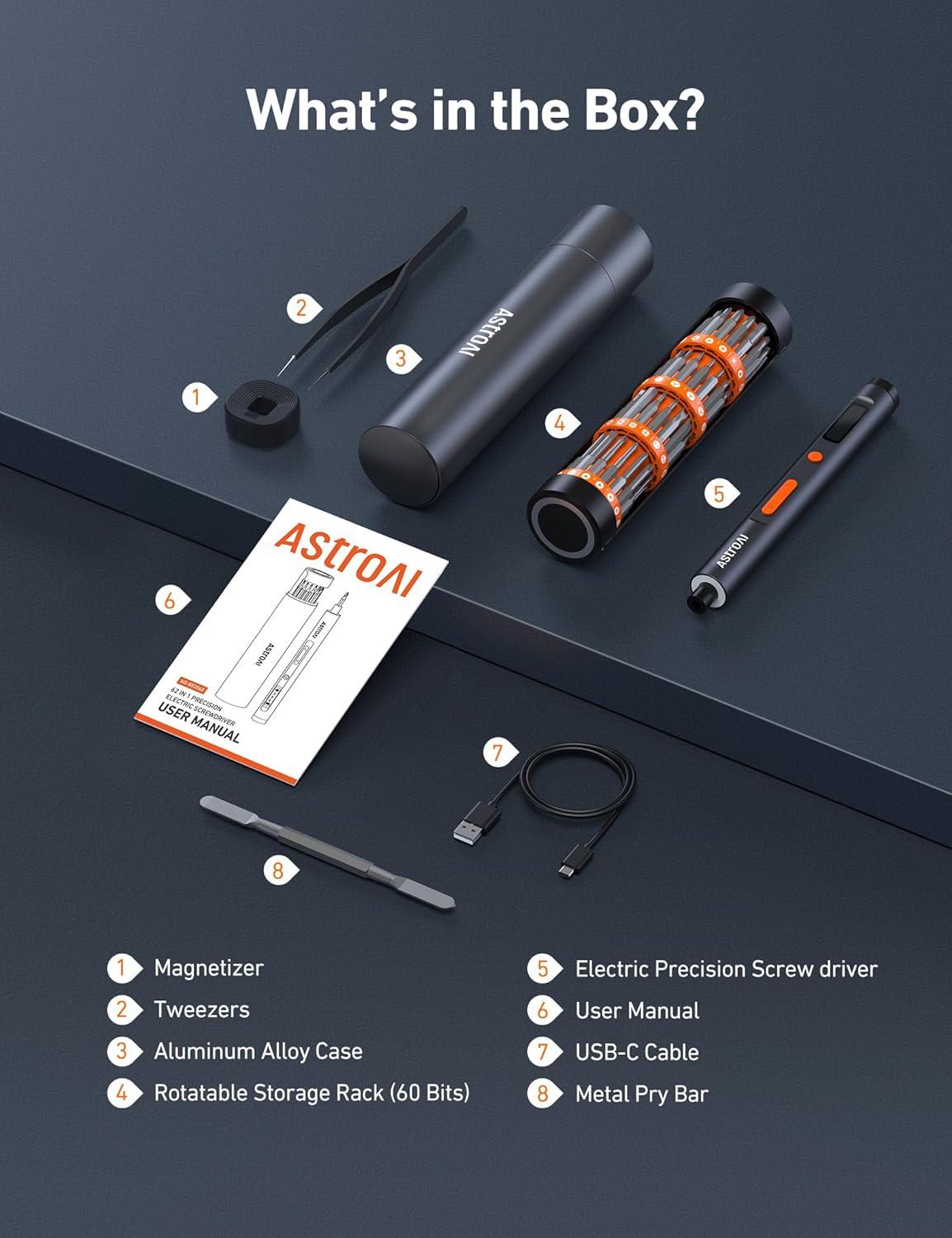 imageAstroAI ES60 37V Mini Electric Screwdriver 63in1 Electric Screwdriver Cordless Set with 60 Magnetic Bits Rotatable Magnetic Storage Repair Tool Kit for Phone Camera Laptop WatchOrange