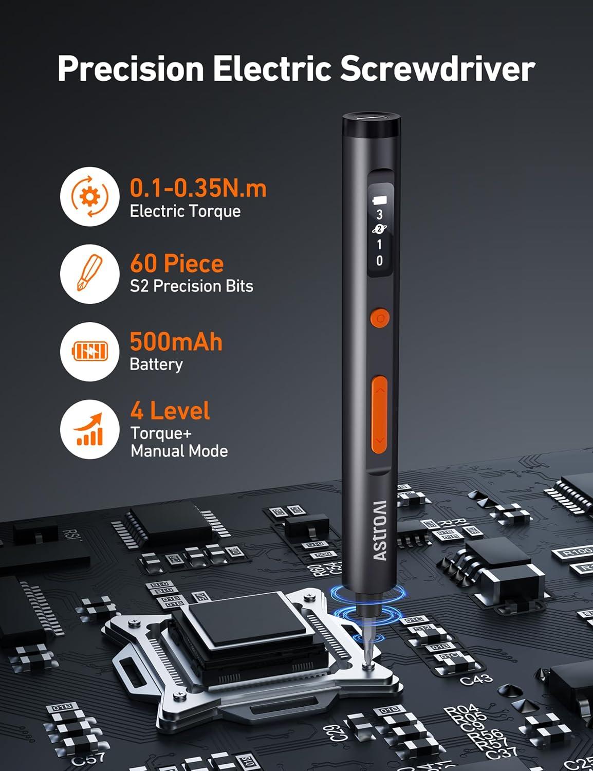 imageAstroAI ES60 37V Mini Electric Screwdriver 63in1 Electric Screwdriver Cordless Set with 60 Magnetic Bits Rotatable Magnetic Storage Repair Tool Kit for Phone Camera Laptop WatchOrange
