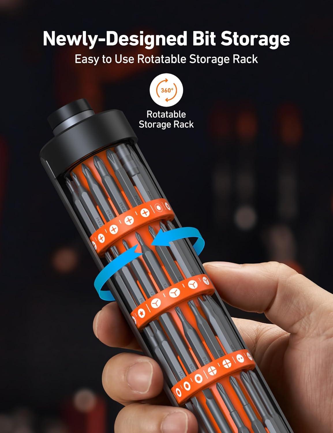 imageAstroAI ES60 37V Mini Electric Screwdriver 63in1 Electric Screwdriver Cordless Set with 60 Magnetic Bits Rotatable Magnetic Storage Repair Tool Kit for Phone Camera Laptop WatchOrange