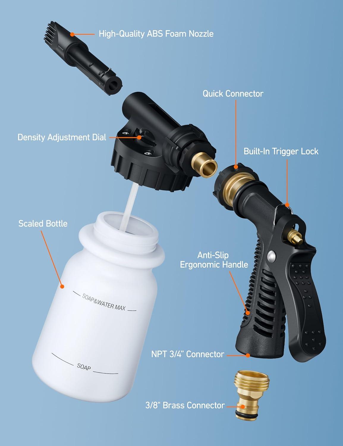 imageAstroAI Foam Gun Car Wash Gun with Wash Mitt Quick Connect to Most Garden Hose Foam Blaster Equips with 34 Universal Garden 38quot Quick Connector Amber LableAmber