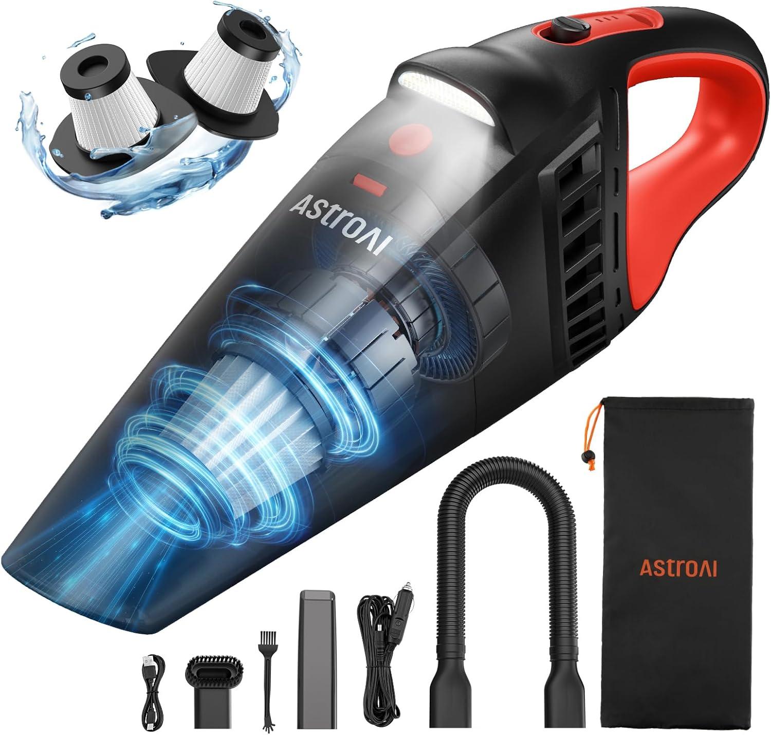 imageAstroAI Handheld Car Vacuum Cordless with Accessories Portable Vacuum Cleaner with 12V DC Power LED Light Brush Extended Suction Pipe Hose Mini Handheld for Car Home Office and Pet Hair RedRed