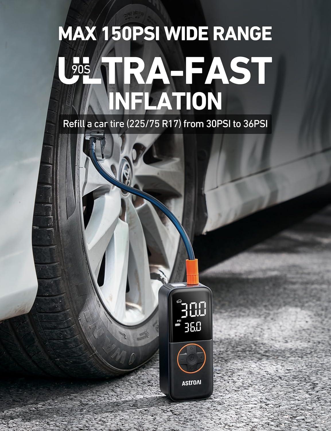 imageAstroAI L4 Tire Inflator Portable Air Compressor 150PSI Portable Air Pump for Car Tires with Pressure Gauge LED Light Electric Air Pump Quick Inflation for Cars Motorcycles Bikes Tires BallsOrange