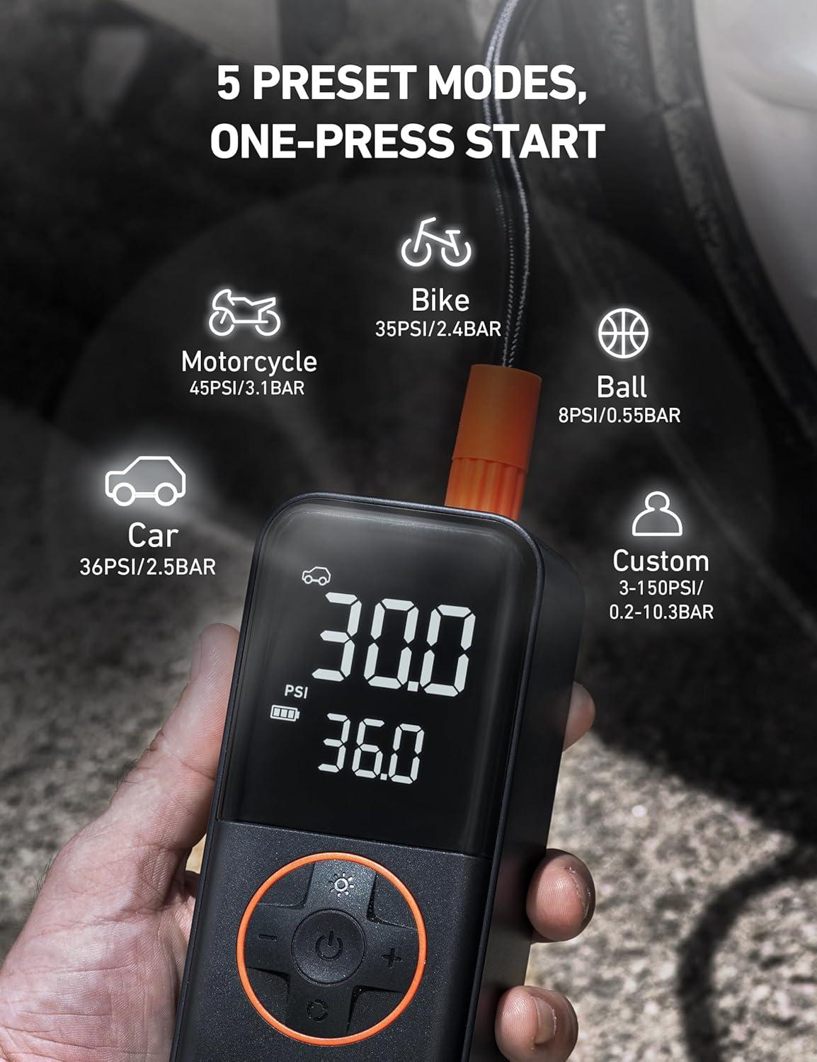 imageAstroAI L4 Tire Inflator Portable Air Compressor 150PSI Portable Air Pump for Car Tires with Pressure Gauge LED Light Electric Air Pump Quick Inflation for Cars Motorcycles Bikes Tires BallsOrange