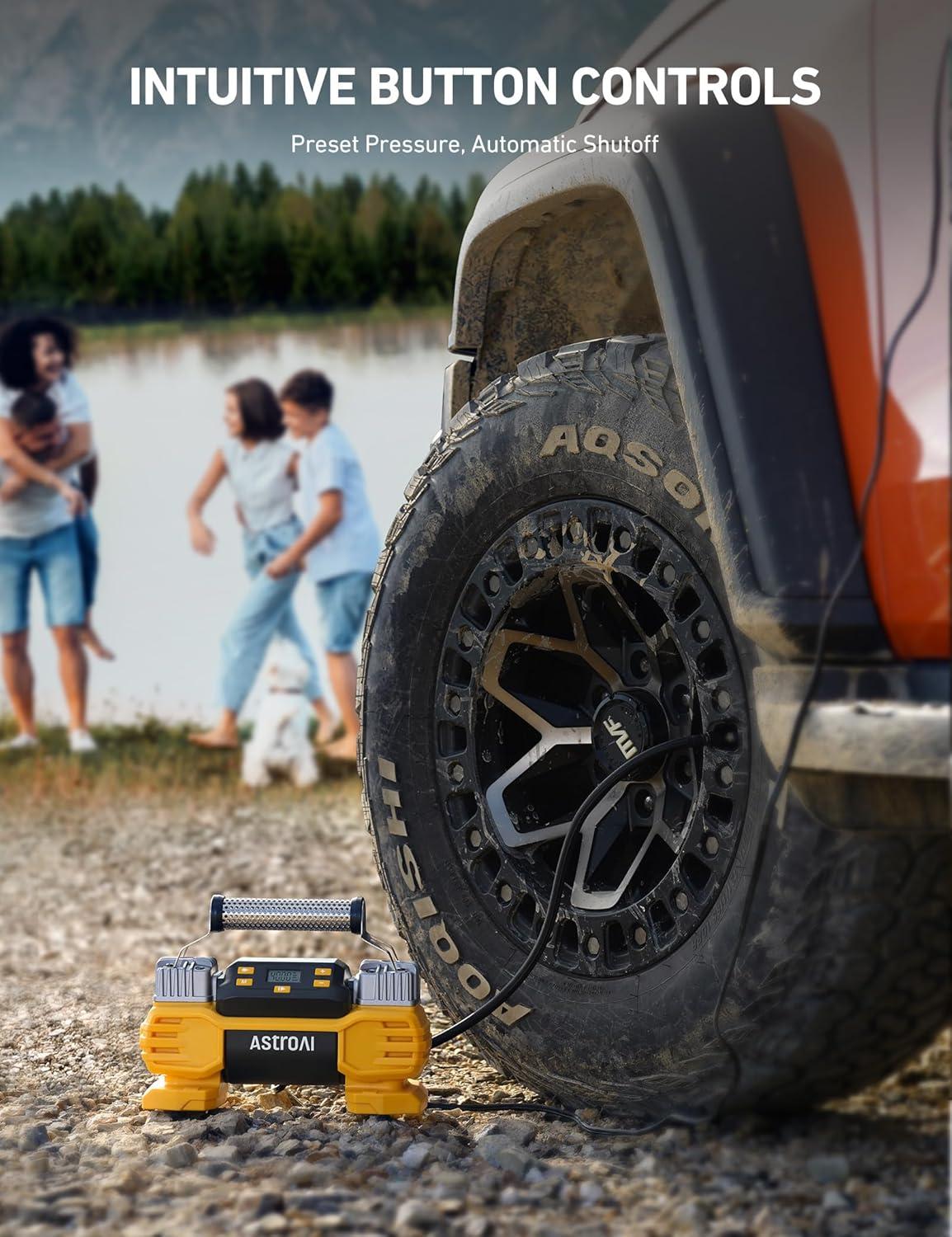 imageAstroAI Portable 160 PSI DC Heavy Duty Tire Inflator Pump Auto Shutoff with Screen Dual Cylinders ampamp Dual Motors 12V Air Compressor for SUVs RVs ORVs Cars Air Mattresses etc YellowNO ACYellow