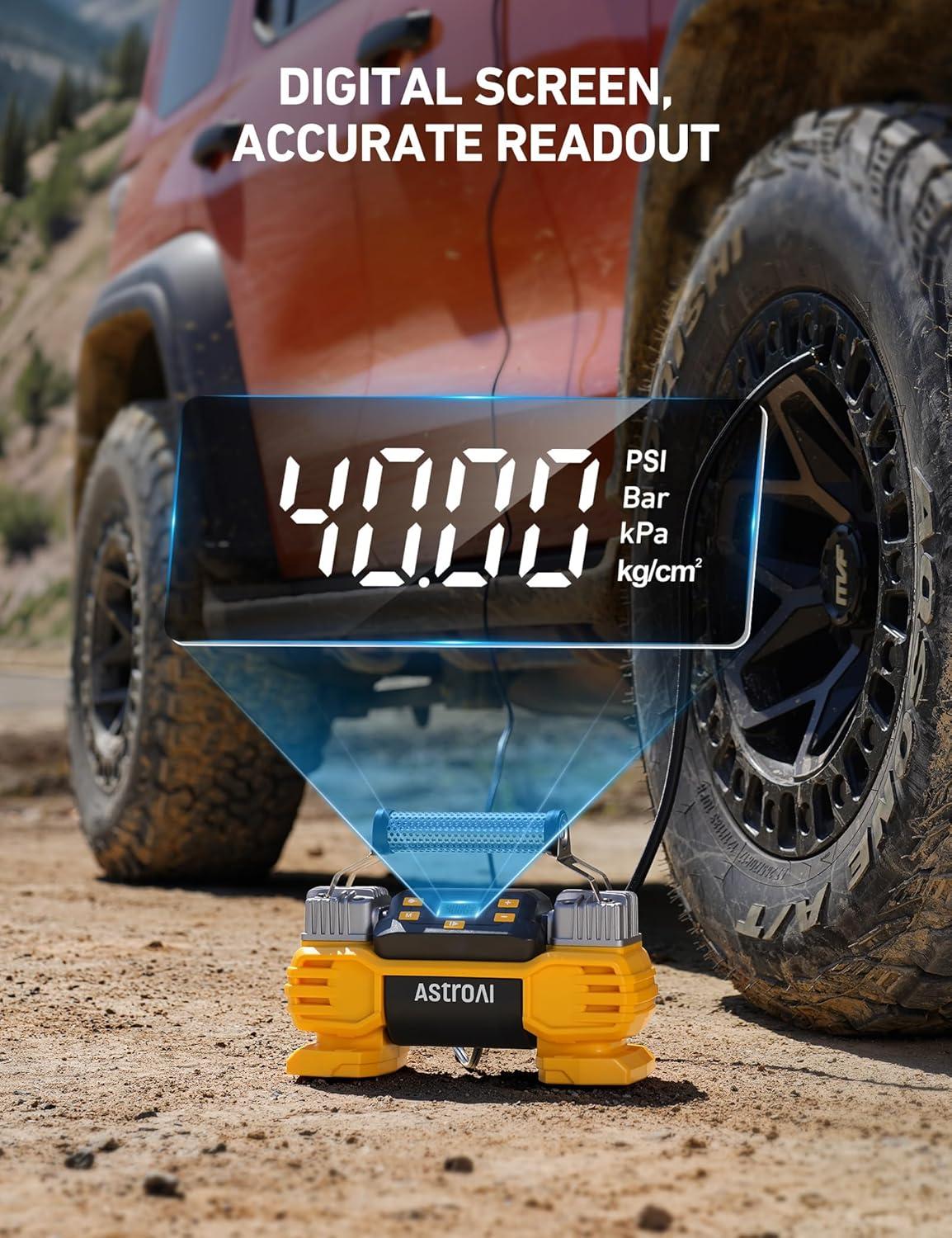 imageAstroAI Portable 160 PSI DC Heavy Duty Tire Inflator Pump Auto Shutoff with Screen Dual Cylinders ampamp Dual Motors 12V Air Compressor for SUVs RVs ORVs Cars Air Mattresses etc YellowNO ACYellow