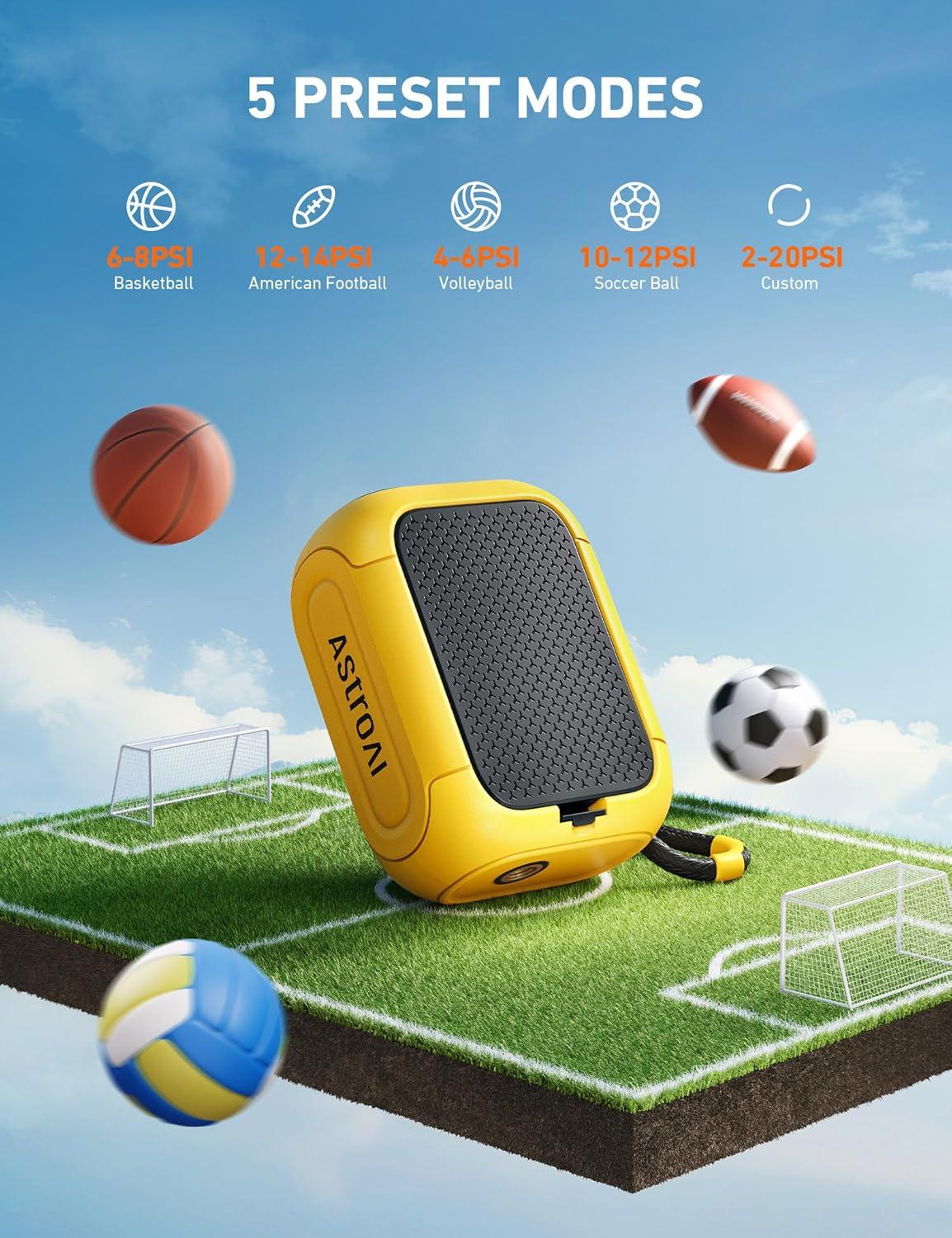 imageAstroAI Portable Electric Ball Pump Ultra Fast Inflation with Digital LCD Display Preset Pressure with Ball Needle for Basketball Soccer and Sports BallsYellow