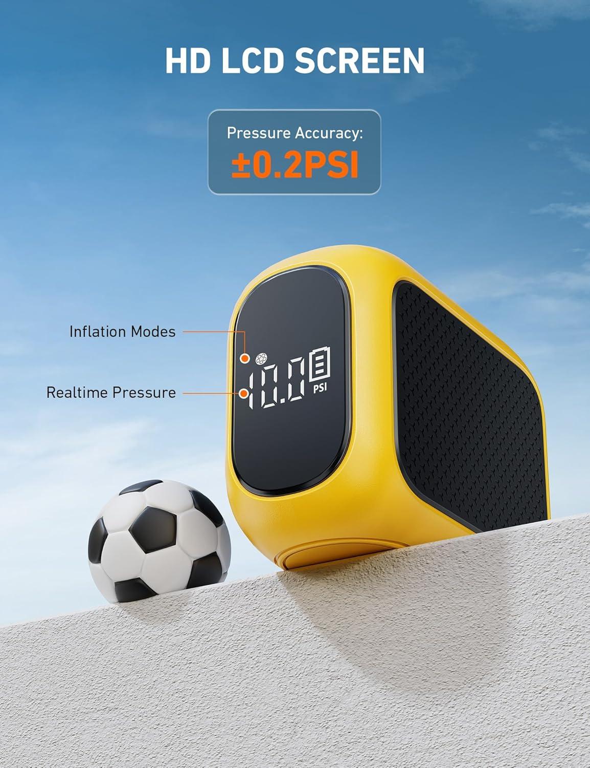 imageAstroAI Portable Electric Ball Pump Ultra Fast Inflation with Digital LCD Display Preset Pressure with Ball Needle for Basketball Soccer and Sports BallsYellow