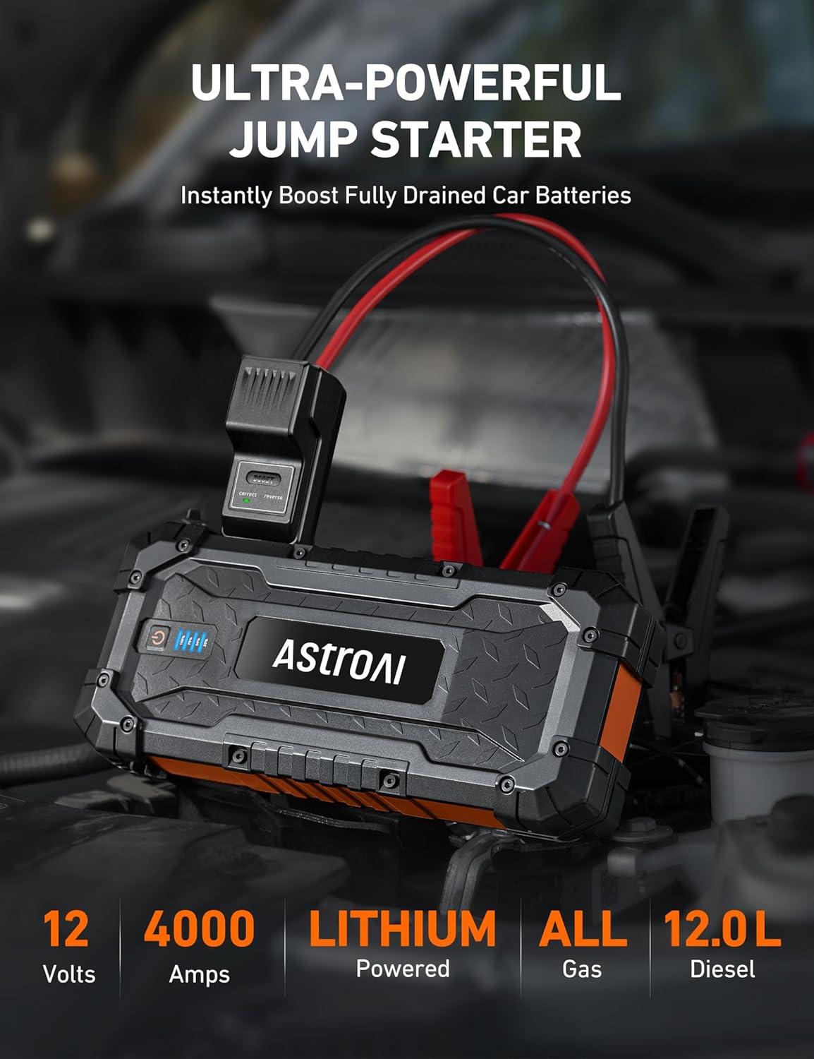 imageAstroAI S8 Ultra 4000A Car Jump Starter Jump Box up to All Gas Engines ampamp 12L Diesel 12V Portable Power Bank with USBTypeC Ports 3 Modes LED Flashlight Auto Battery Booster with Jumper Cable4000AOrange