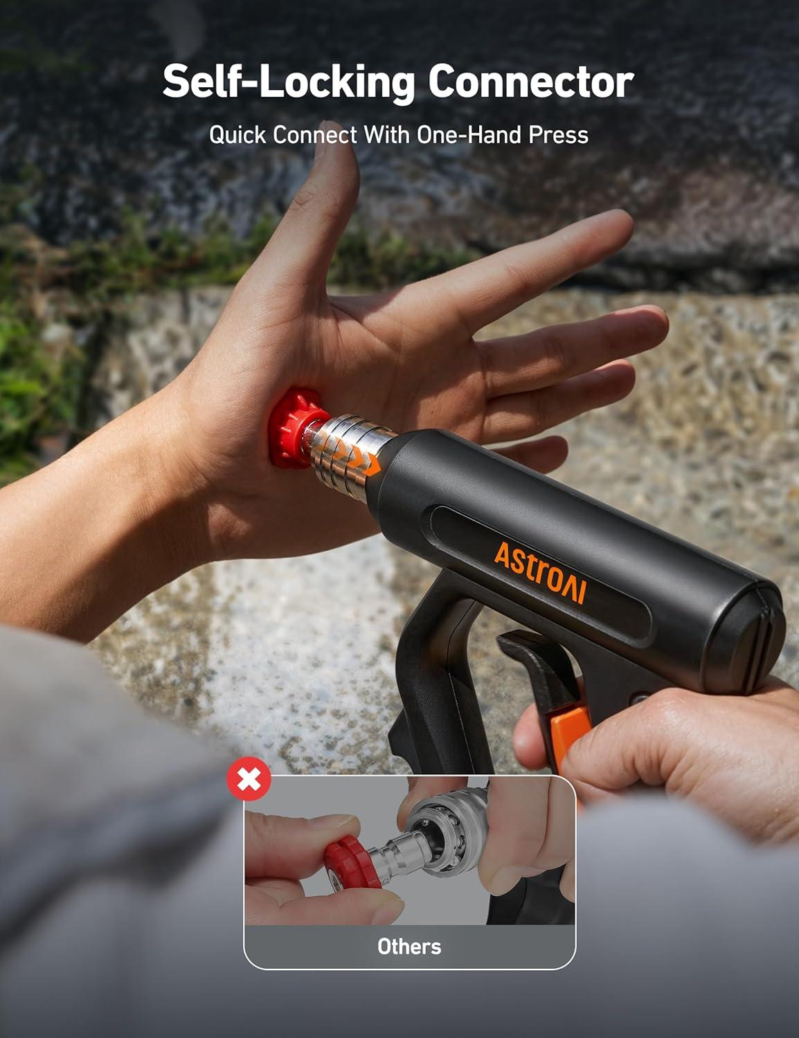 imageAstroAI Short Pressure Washer Gun with Swivel High Pressure Washer with 4 Nozzles and 38 Swivel Quick Connector Plug 4060PSI Max and Compatible with Hose Foam Cannon Car Wash Foam Gun BlackBlack
