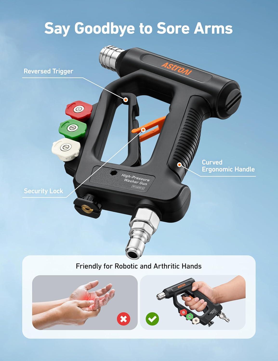 imageAstroAI Short Pressure Washer Gun with Swivel High Pressure Washer with 4 Nozzles and 38 Swivel Quick Connector Plug 4060PSI Max and Compatible with Hose Foam Cannon Car Wash Foam Gun BlackBlack