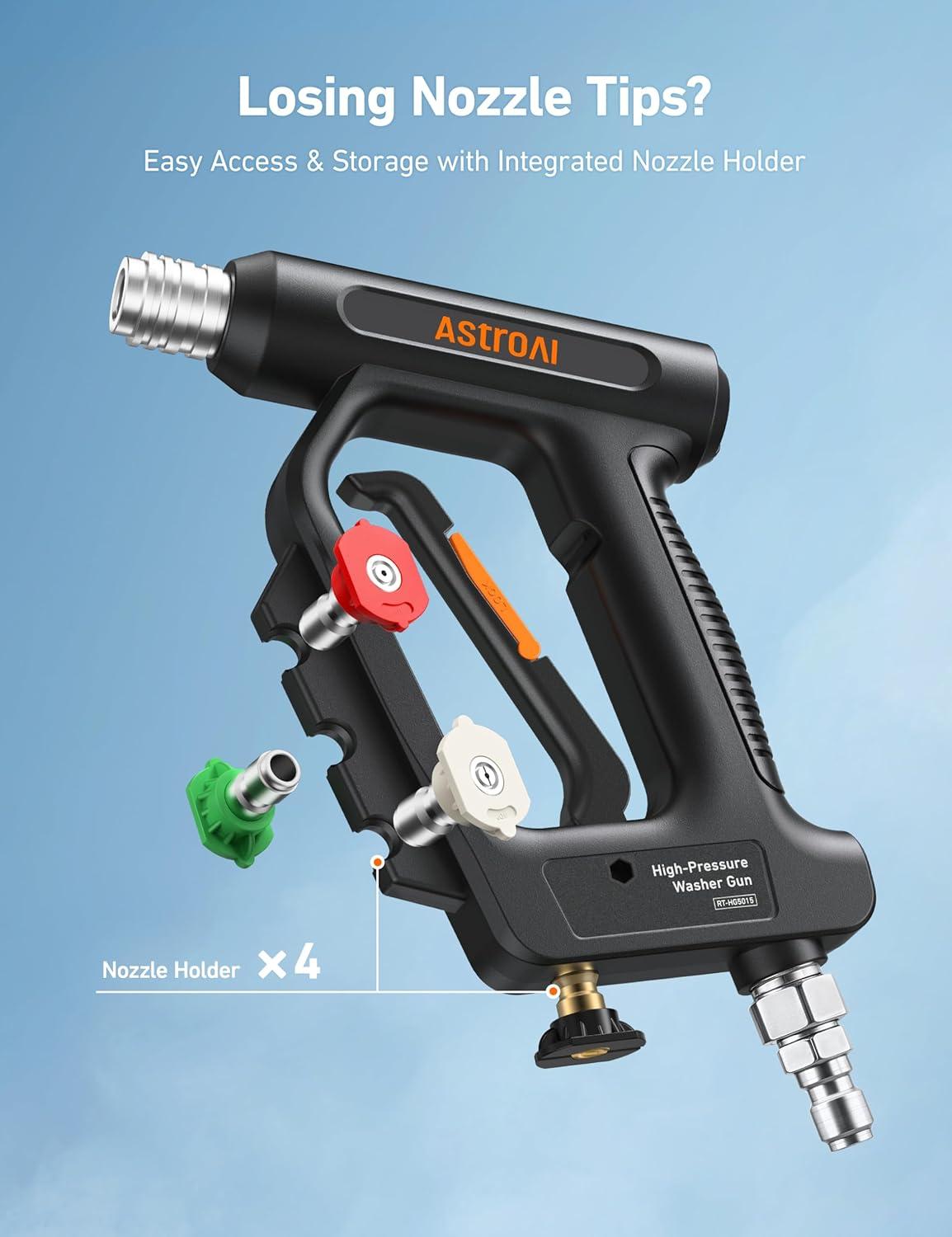 imageAstroAI Short Pressure Washer Gun with Swivel High Pressure Washer with 4 Nozzles and 38 Swivel Quick Connector Plug 4060PSI Max and Compatible with Hose Foam Cannon Car Wash Foam Gun BlackBlack