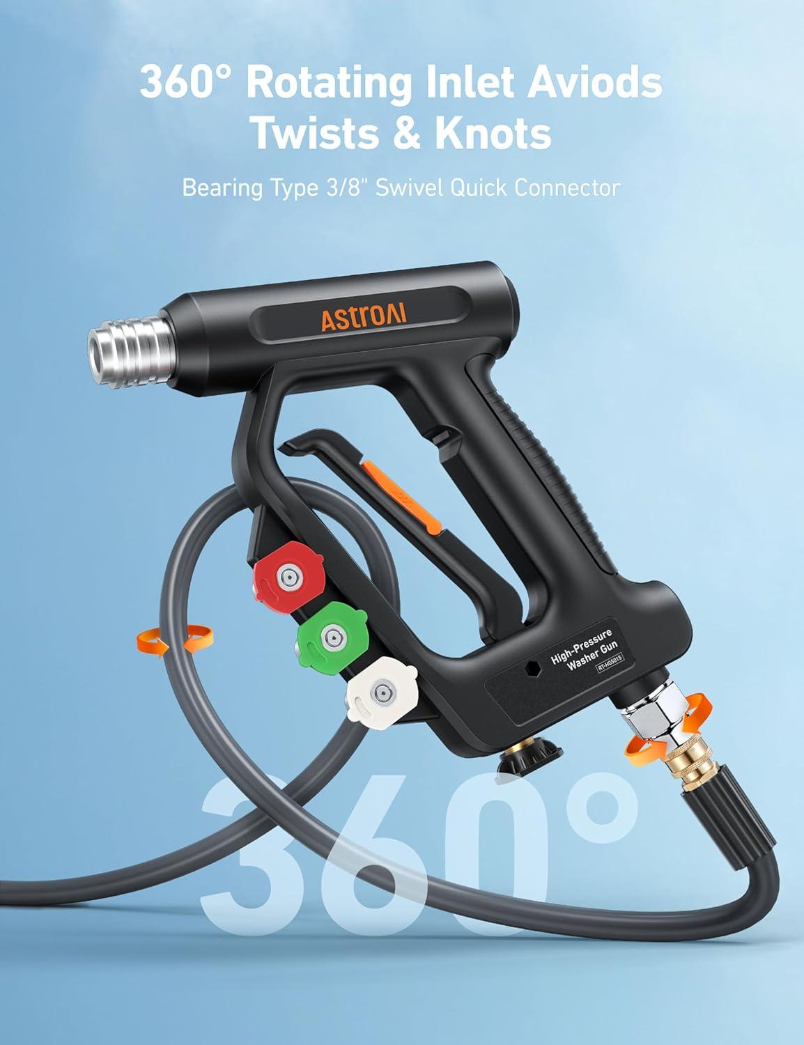 imageAstroAI Short Pressure Washer Gun with Swivel High Pressure Washer with 4 Nozzles and 38 Swivel Quick Connector Plug 4060PSI Max and Compatible with Hose Foam Cannon Car Wash Foam Gun BlackBlack
