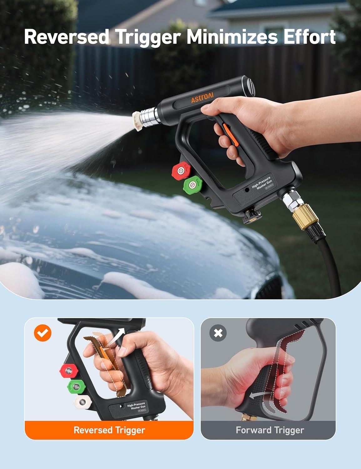 imageAstroAI Short Pressure Washer Gun with Swivel High Pressure Washer with 4 Nozzles and 38 Swivel Quick Connector Plug 4060PSI Max and Compatible with Hose Foam Cannon Car Wash Foam Gun BlackBlack