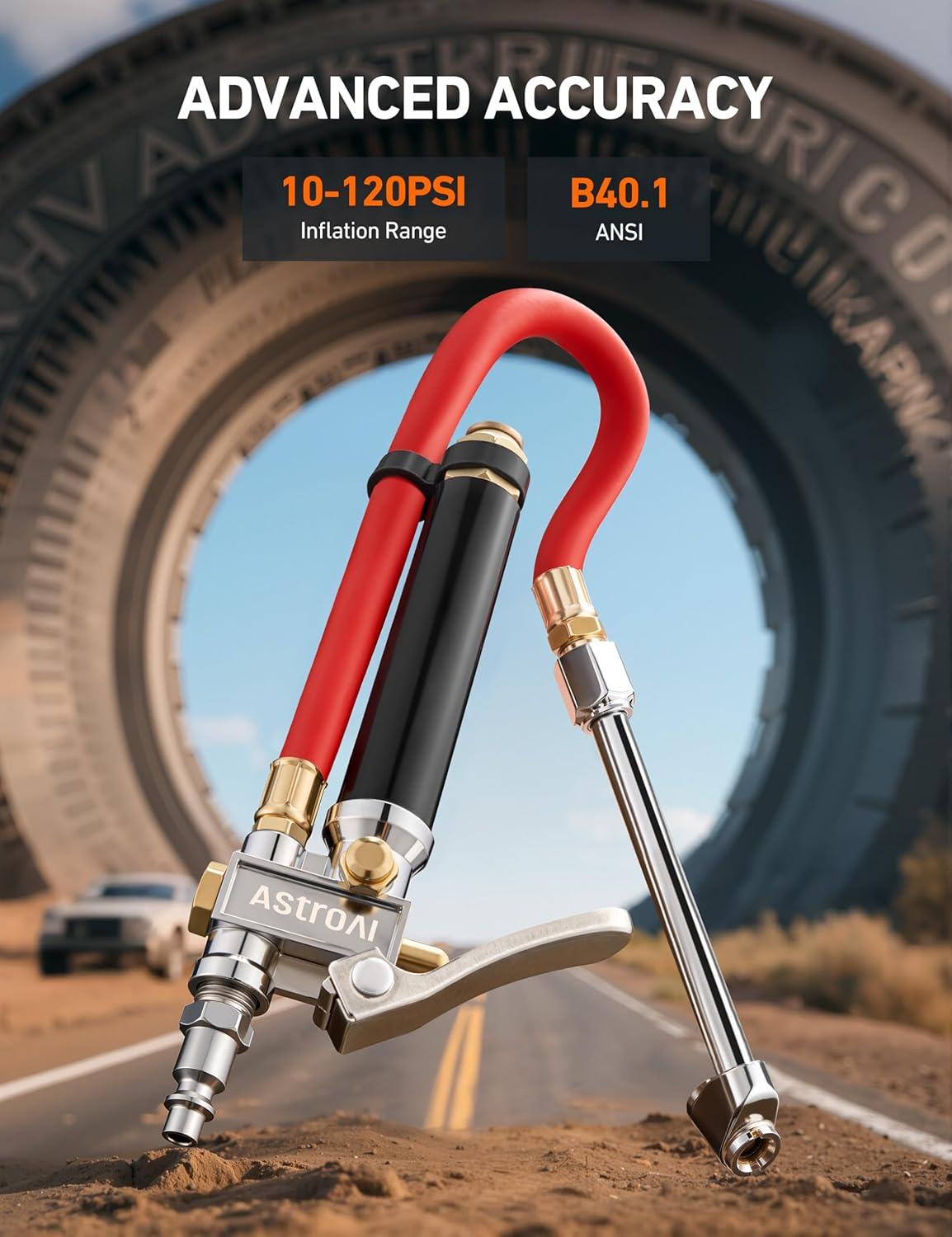 imageAstroAI T3 HeavyDuty Tire Pressure Gauge with Inflator Dual Head Chuck ANSI B401 Accurate Air Chuck with Pressure Gauge 10120 PSI Compatible with 14quot NPT Air CompressorRed
