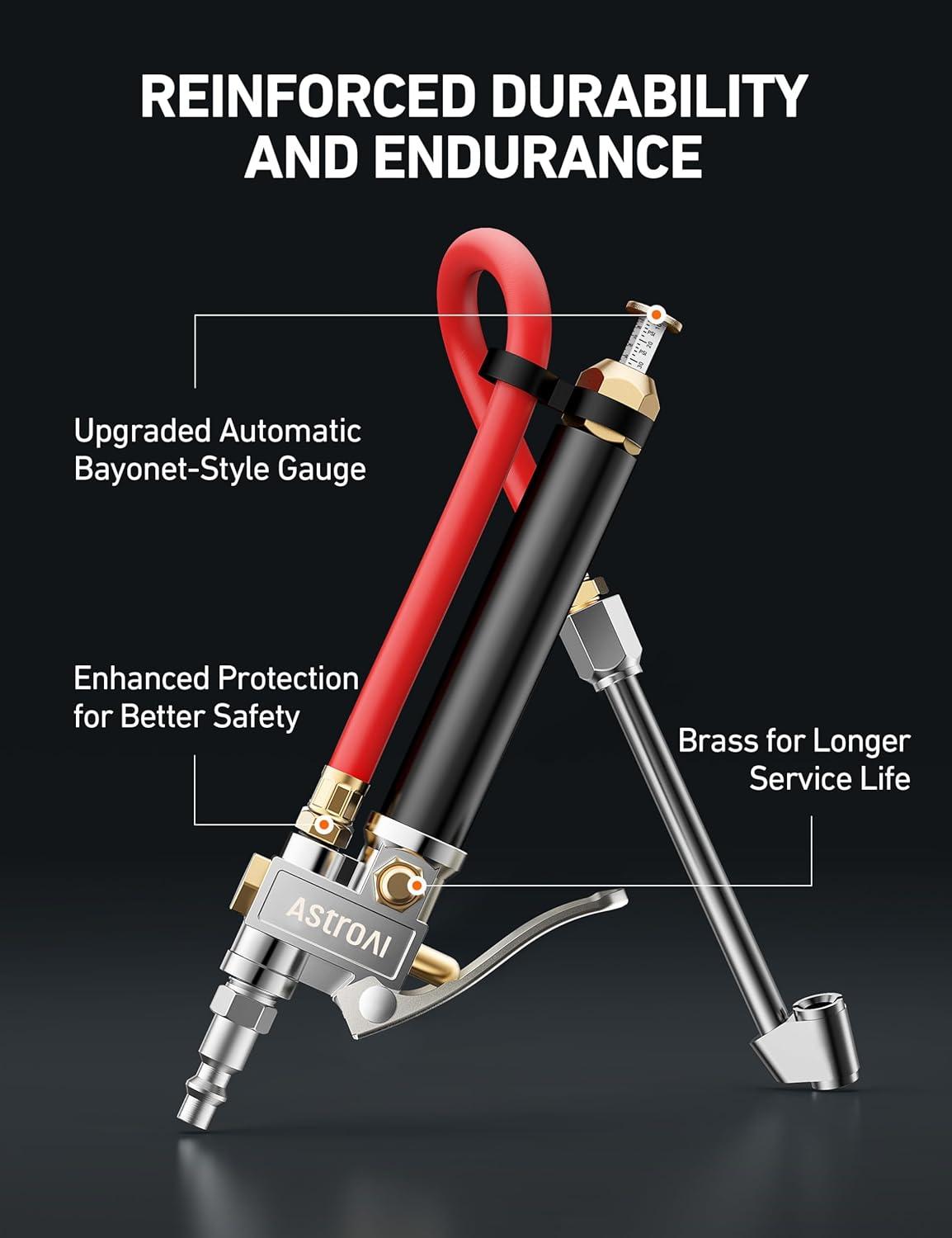 imageAstroAI T3 HeavyDuty Tire Pressure Gauge with Inflator Dual Head Chuck ANSI B401 Accurate Air Chuck with Pressure Gauge 10120 PSI Compatible with 14quot NPT Air CompressorRed