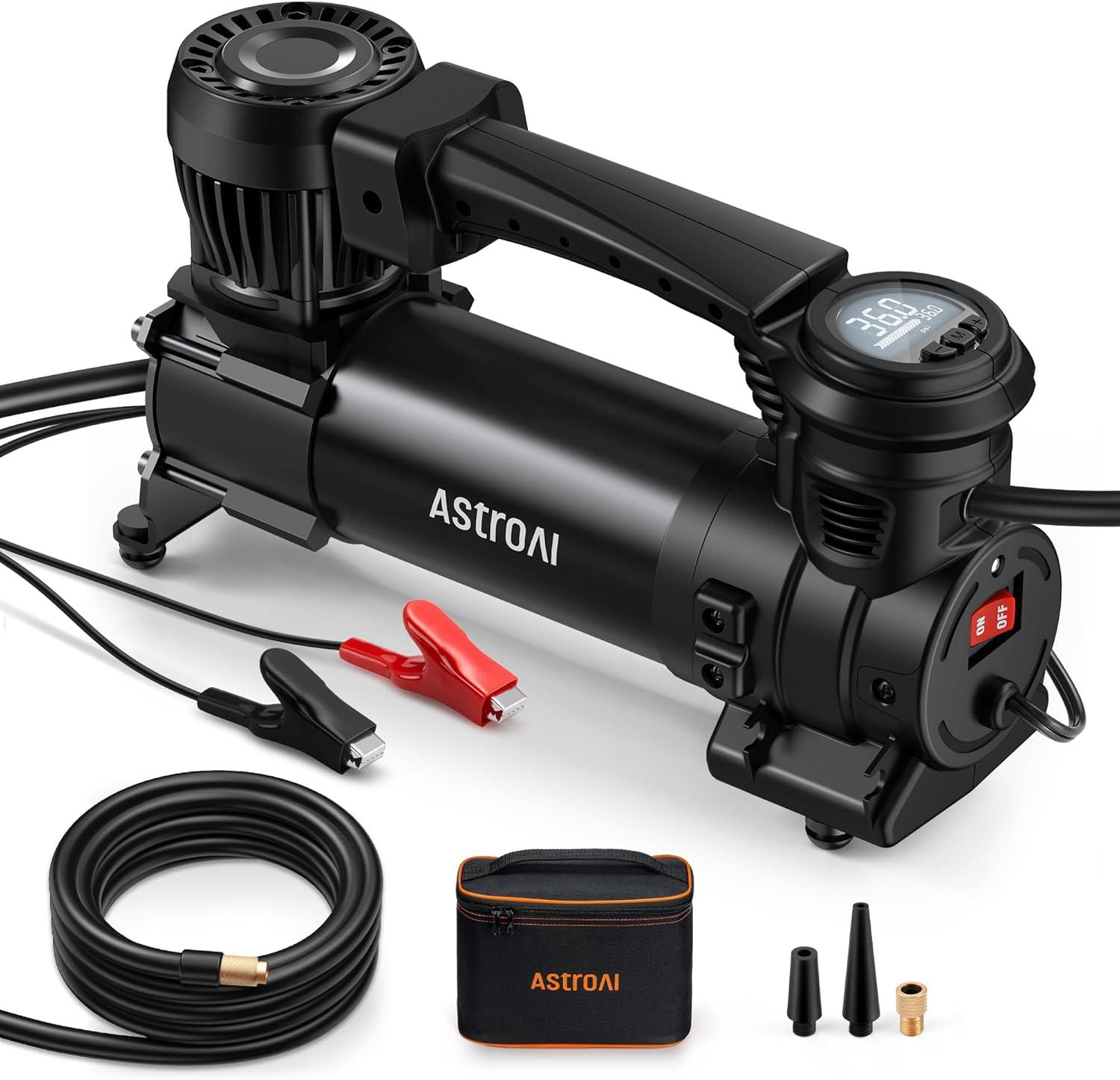 imageAstroAI T4 HeavyDuty Air Compressor Truck Tire Inflator with 197CFM Auto Shutoff 12V 120PSI Digital Screen with Alligator Clips LED Light for Pickup Truck SUV RV for Up to 33 Inch TiresWhite