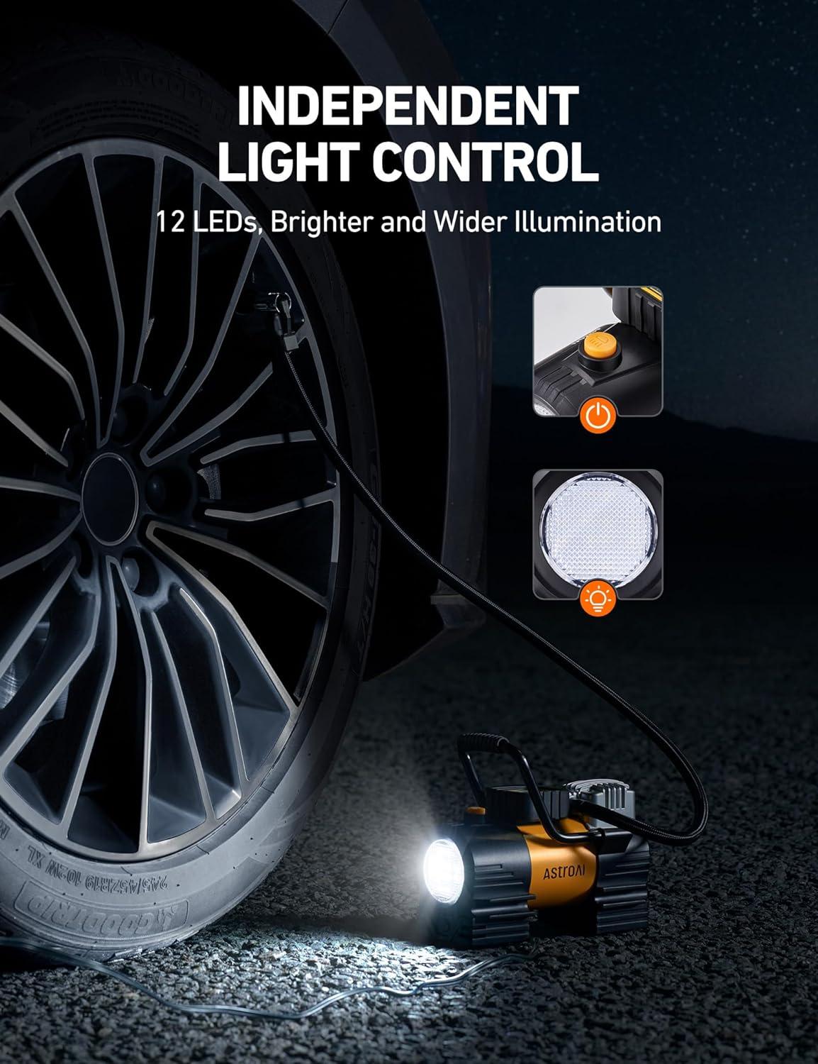 imageAstroAI Tire Inflator Portable Air Compressor Up to 150 PSI Tire Pump for Car 12V DC Digital Air Pump with 12 LEDs Super Bright Light for Bicycle Motorcycle Automotive Car Accessories