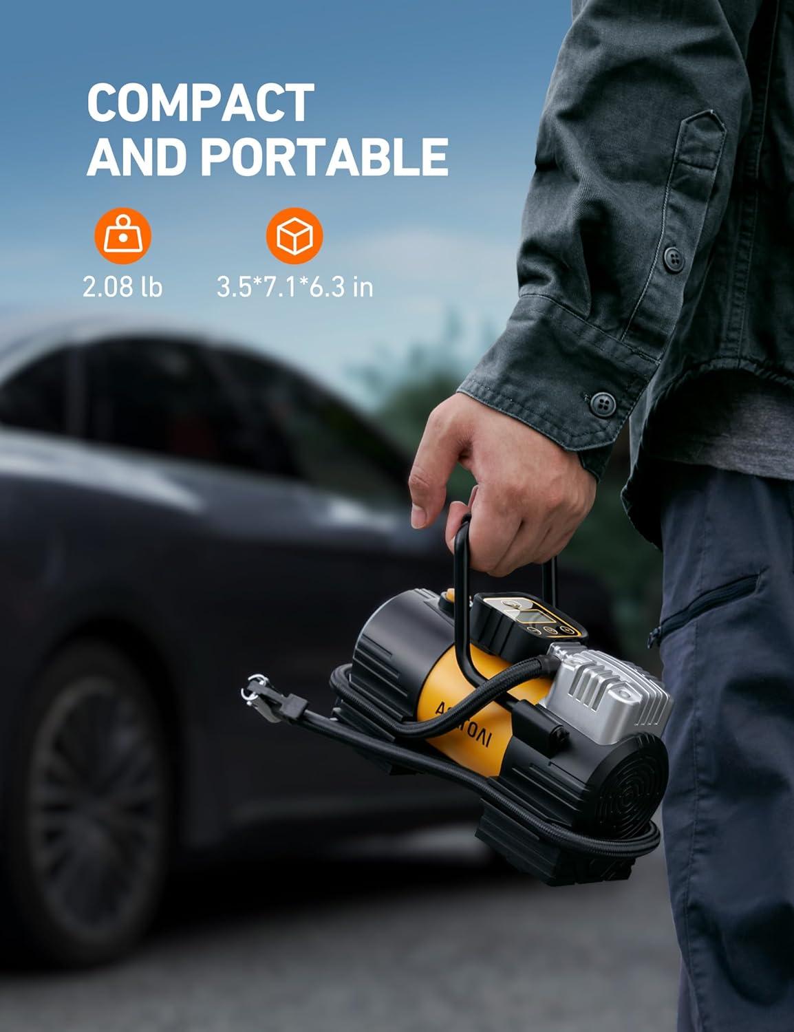 imageAstroAI Tire Inflator Portable Air Compressor Up to 150 PSI Tire Pump for Car 12V DC Digital Air Pump with 12 LEDs Super Bright Light for Bicycle Motorcycle Automotive Car Accessories