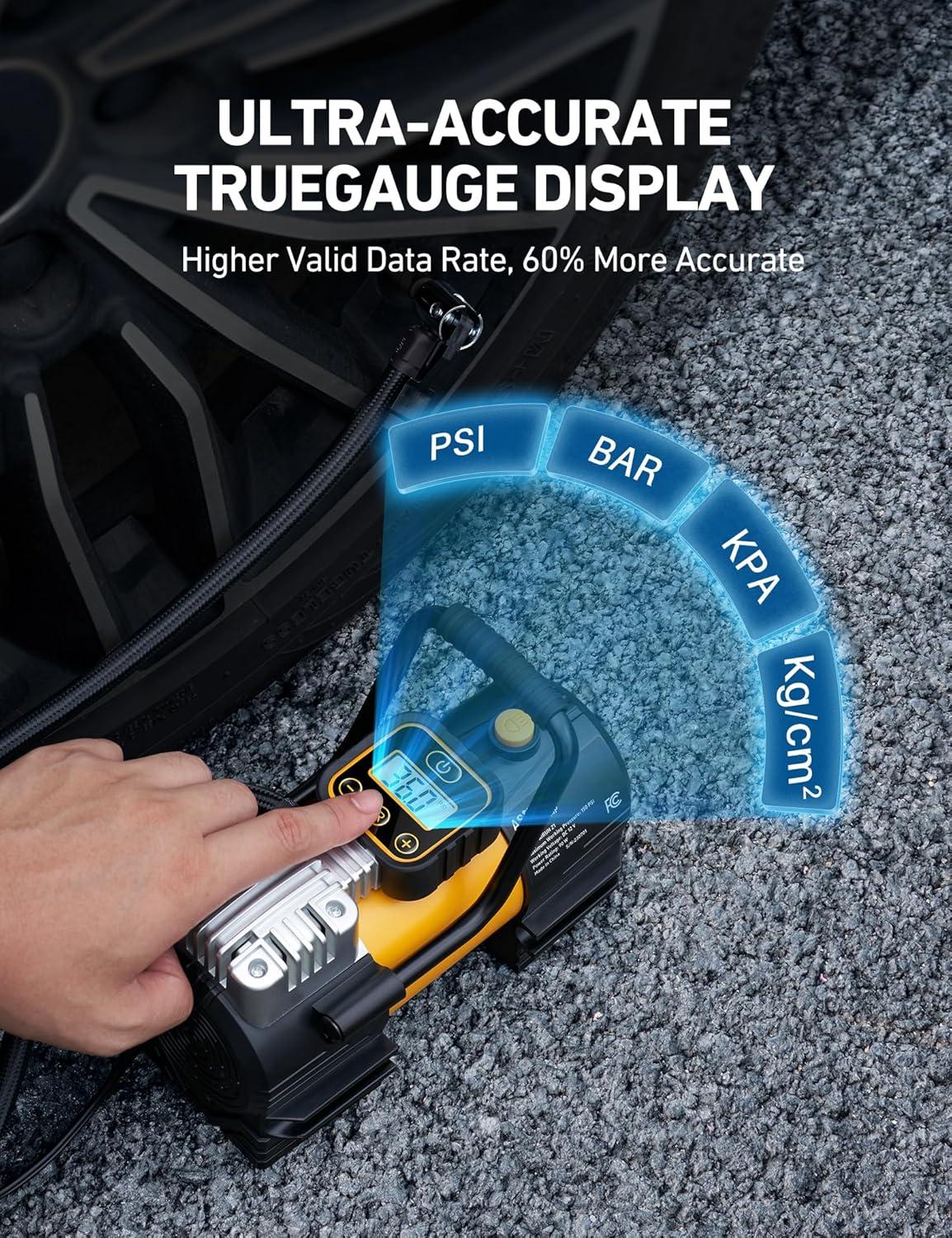 imageAstroAI Tire Inflator Portable Air Compressor Up to 150 PSI Tire Pump for Car 12V DC Digital Air Pump with 12 LEDs Super Bright Light for Bicycle Motorcycle Automotive Car Accessories
