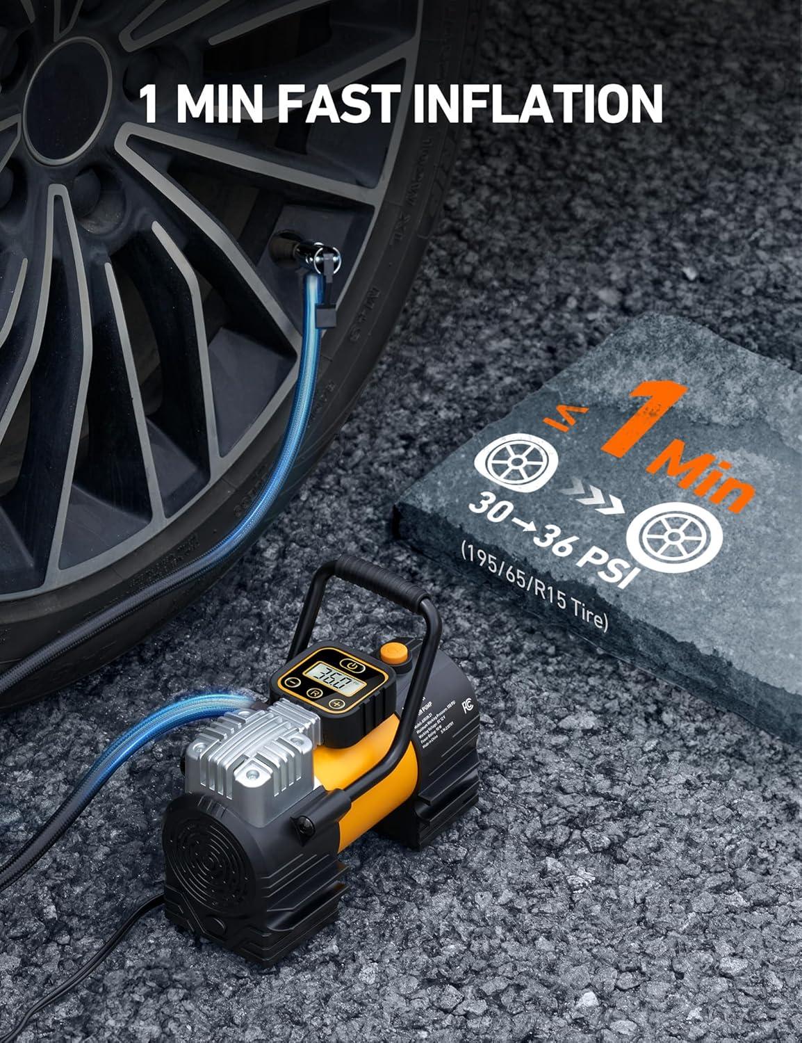 imageAstroAI Tire Inflator Portable Air Compressor Up to 150 PSI Tire Pump for Car 12V DC Digital Air Pump with 12 LEDs Super Bright Light for Bicycle Motorcycle Automotive Car Accessories