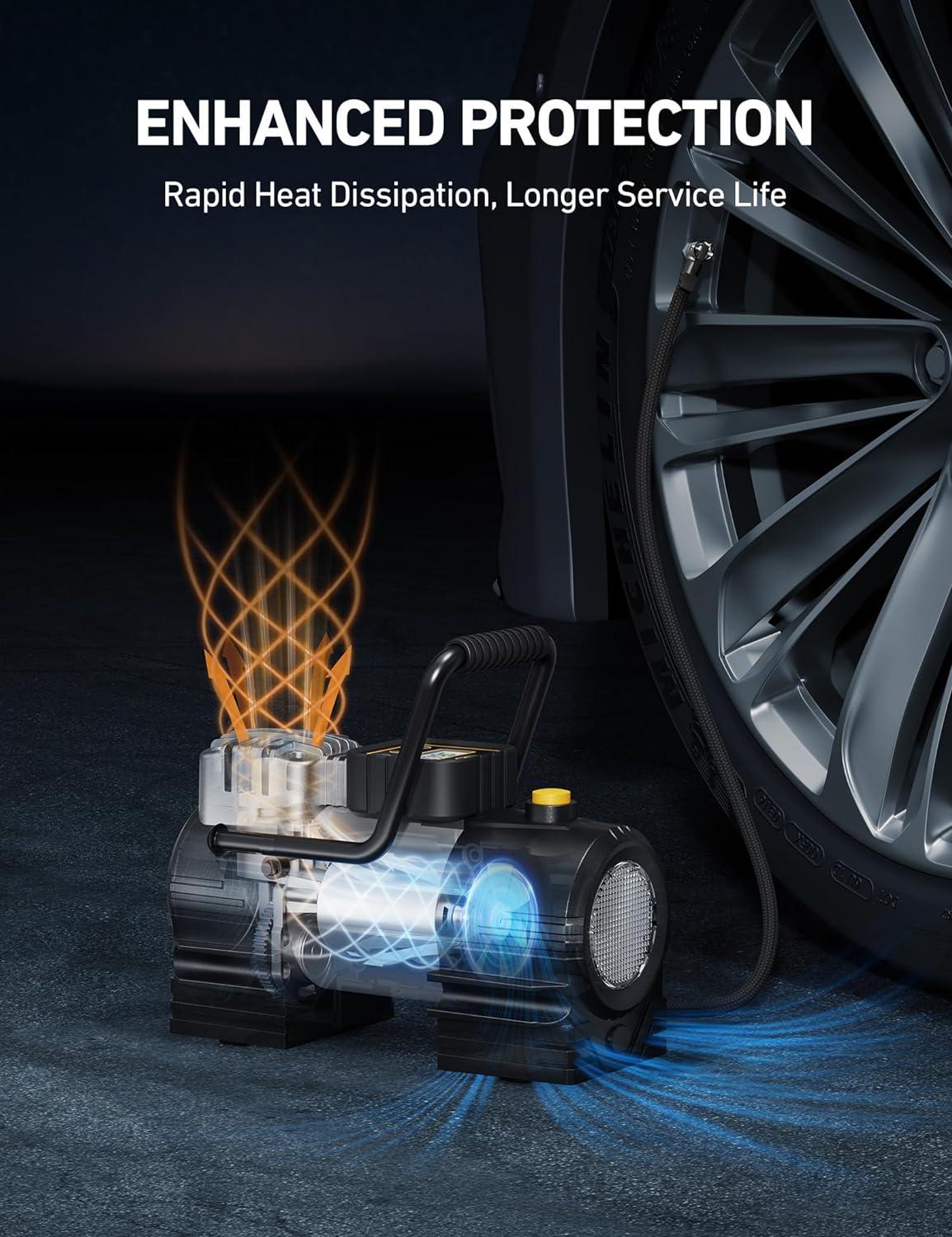 imageAstroAI Tire Inflator Portable Air Compressor Up to 150 PSI Tire Pump for Car 12V DC Digital Air Pump with 12 LEDs Super Bright Light for Bicycle Motorcycle Automotive Car Accessories