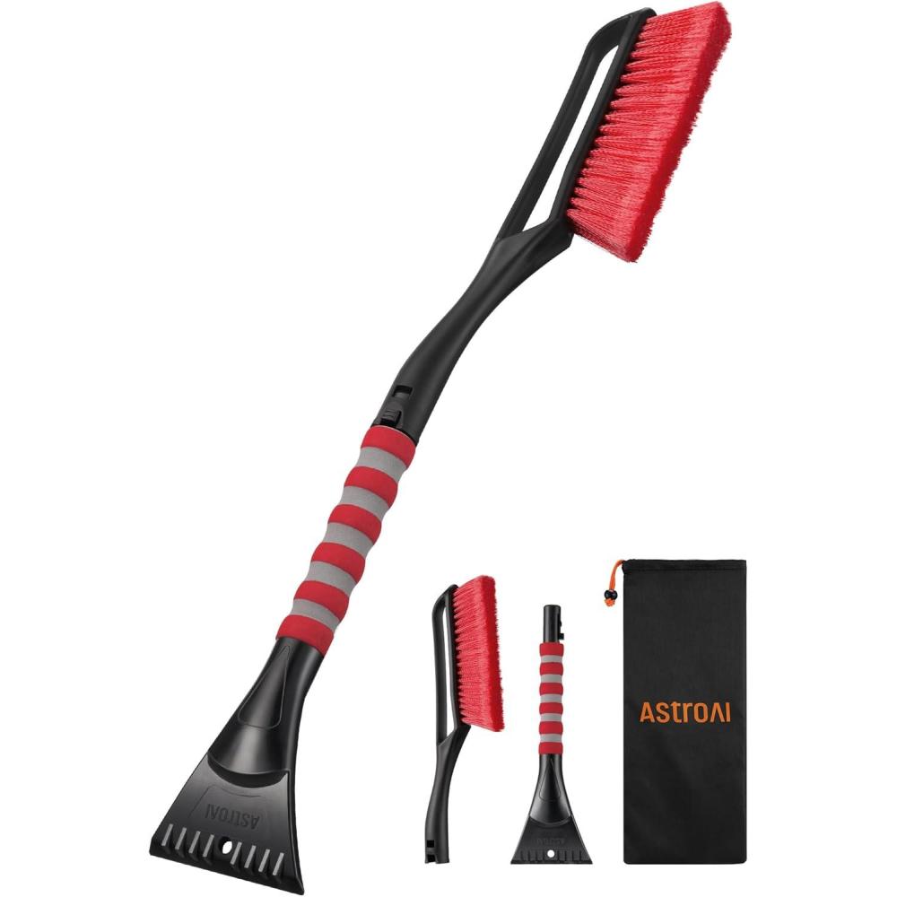 imageAstroAI 27quot Snow Brush and Ice Scrapers for Car Windshield Detachable Snow Scrapers with Ergonomic Foam Grip for Cars Trucks SUVs Heavy Duty ABS PVC Brush RedRed