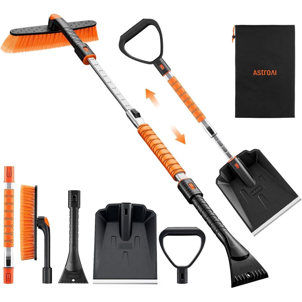 imageAstroAI 2quot 1 Ice Scraper ampamp Snow Shovel Kit 472quot Ice Scrapers for Car Windshield and 360 Pivoting Snow Brush Extendable Snow Shovel with Foam Grip for Car Trucks SUVs VehiclesOrangeOrange
