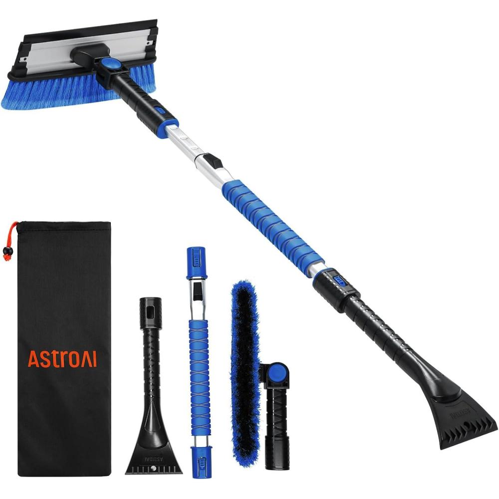 imageAstroAI 472quot Ice Scrapers for Car Windshield 3 in 1 Sturdy Snow Brush with Squeegee 10 Adjustable Length Settings Extendable Aluminum Handle 180 Pivoting Snow Scraper for Car Truck SUVOrangeblue