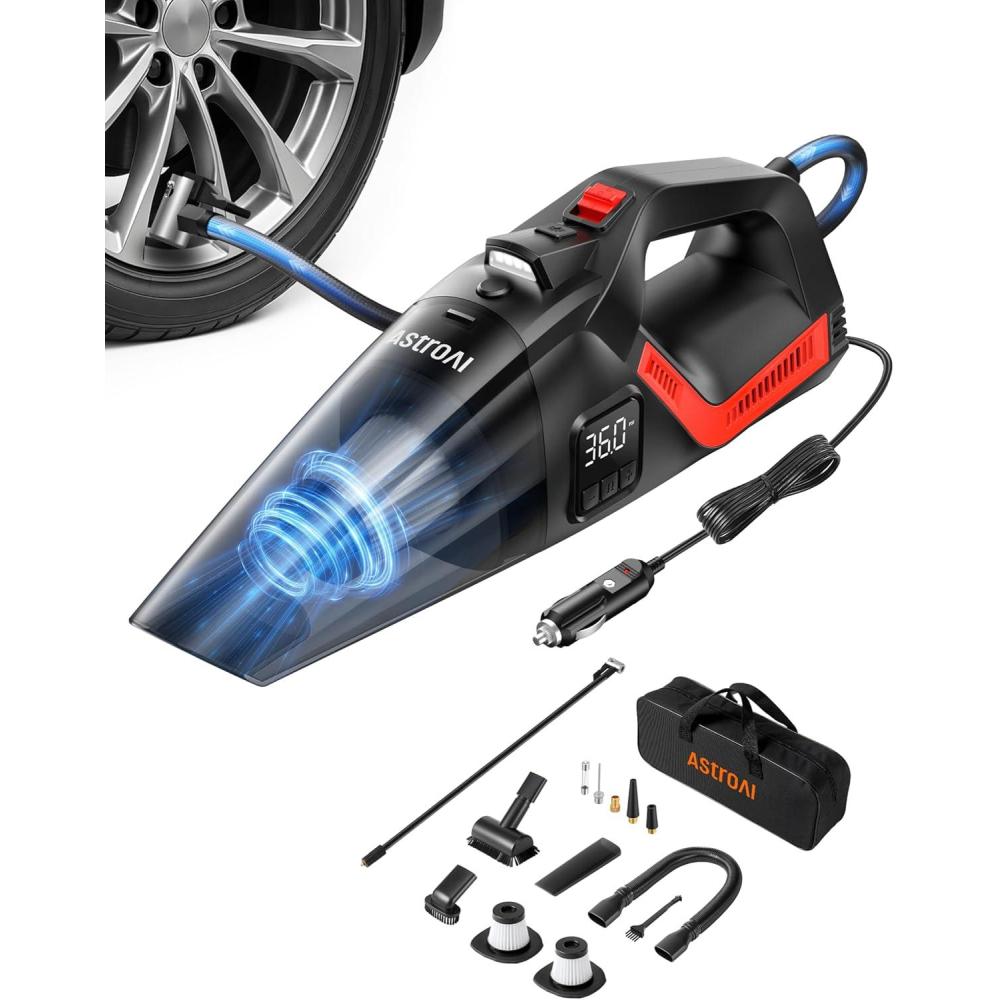 imageAstroAI 4in1 Car Vacuum Cleaner and Tire Inflator Portable with Accessories Air Compressor Digital Dual Values Display 150 PSI Car Tires Air Pump with LED Light 12V DC 164FT Cord for Auto