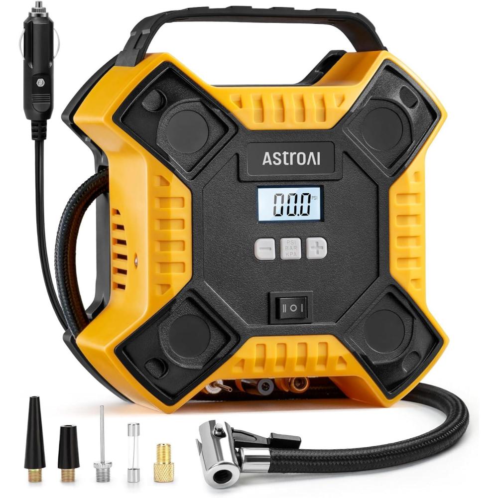 imageAstroAI Air Compressor Tire Inflator Portable Air Pump for Car Tires 12V DC Integrated Metal Structure Tire Pump 160PSI with LED Light for Cars Bicycles Motorcycles and Other InflatablesYellowYellow
