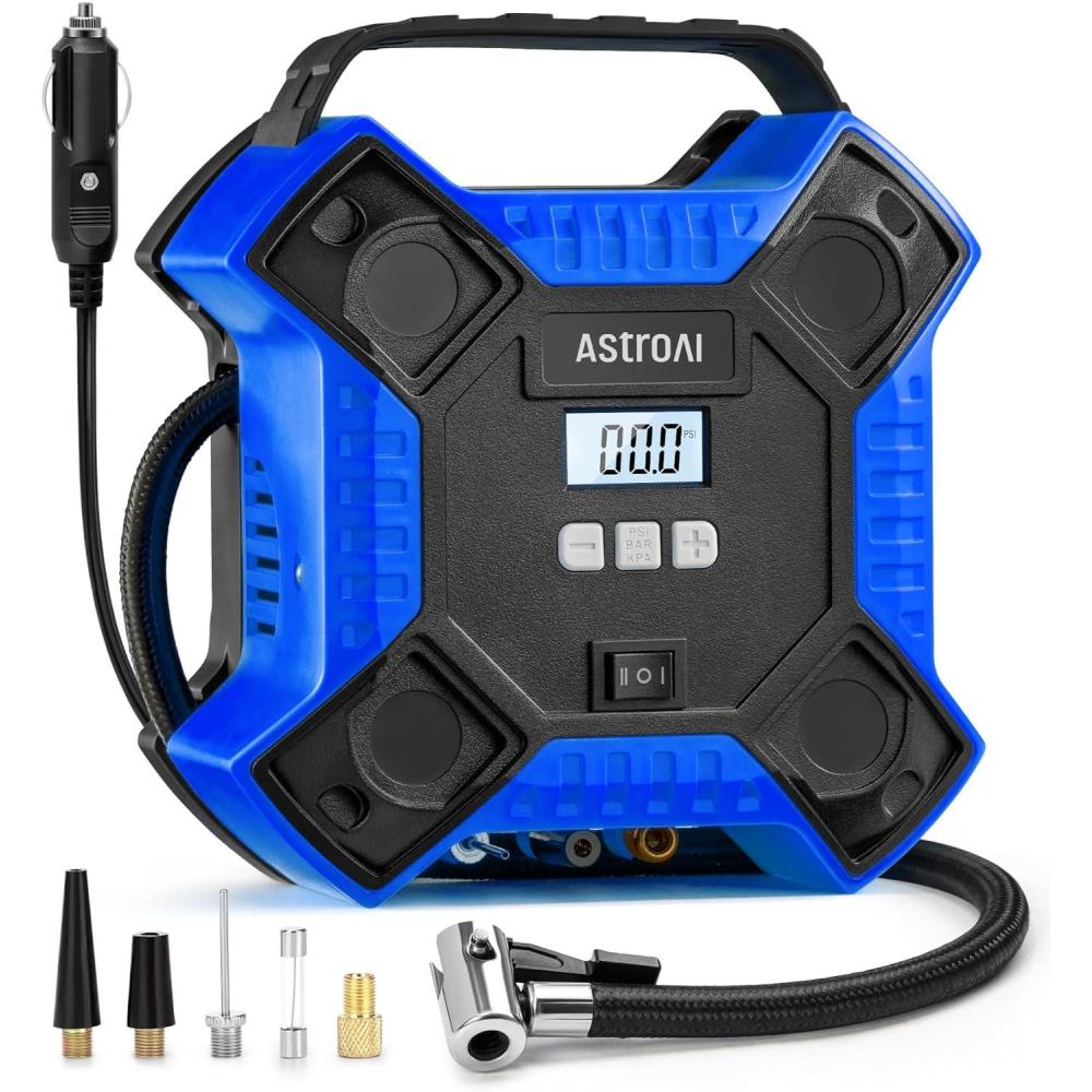 imageAstroAI Air Compressor Tire Inflator Portable Air Pump for Car Tires 12V DC Integrated Metal Structure Tire Pump 160PSI with LED Light for Cars Bicycles Motorcycles and Other InflatablesYellowBlue