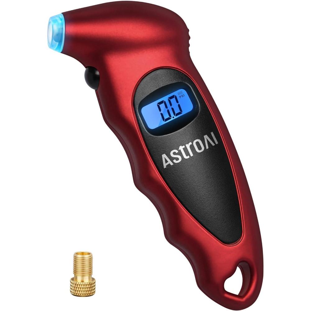 imageAstroAI Digital Tire Pressure Gauge 0150PSI Accurate in 01 Increments Backlit LCD and Presta Valve Adaptor Included 4 Units of Measurement for Car Truck Bicycle RedRed