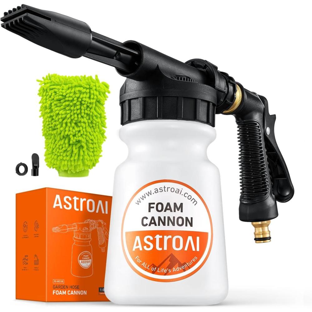 imageAstroAI Foam Gun Car Wash Gun with Wash Mitt Quick Connect to Most Garden Hose Foam Blaster Equips with 34 Universal Garden 38quot Quick Connector Amber LableAmber