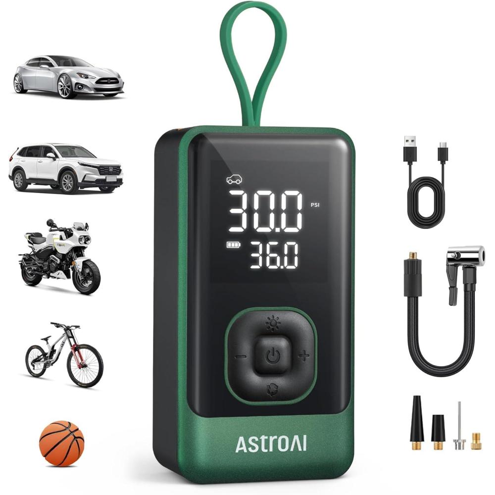 imageAstroAI L7 Air Tire Inflator Portable Air Compressor 150PSI Electric Cordless Bike Pump with Fast 1min Inflation Auto Shutoff LED Light Rechargeable for Car SUV Motorcycle Bike Tires YellowGreen