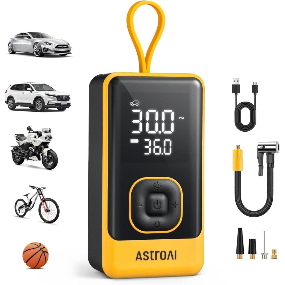 imageAstroAI L7 Air Tire Inflator Portable Air Compressor 150PSI Electric Cordless Bike Pump with Fast 1min Inflation Auto Shutoff LED Light Rechargeable for Car SUV Motorcycle Bike Tires YellowYellow