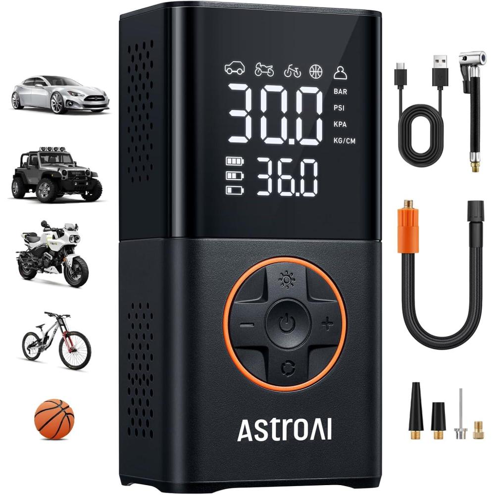 imageAstroAI L7 Tire Inflator Portable Air Compressor Cordless2pack Bike Pump with Digital Dual Values Display 150 PSI Car Tires Pump with LED Lights Air Pump for Cars Motorcycles Bikes Balls OrangeOrange