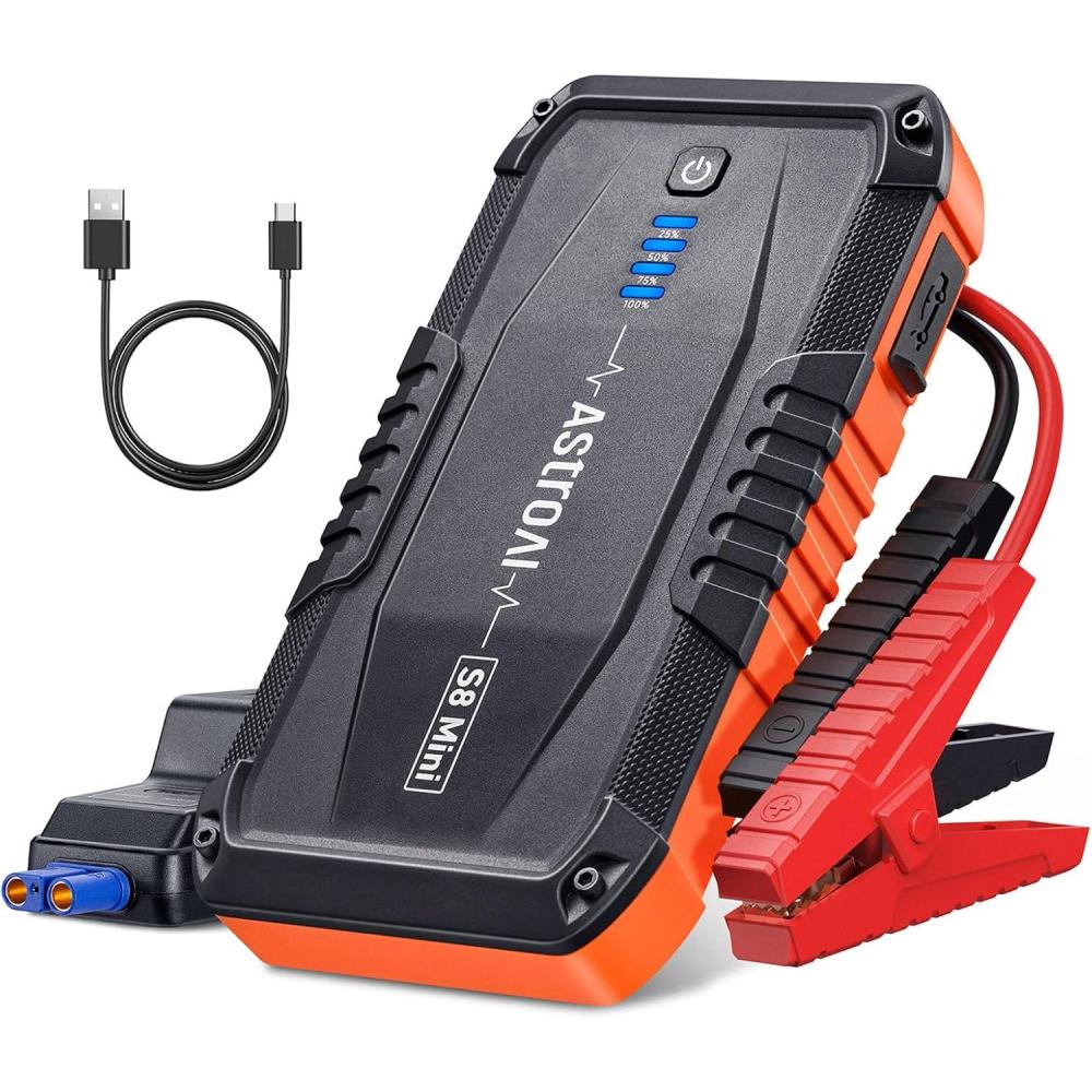 imageAstroAI S8 Car Battery Jump Starter Car Jumper Starter Battery Pack for Up to 60L Gas ampamp 30L Diesel Engines 12V Portable Jump Box with 3 Modes Flashlight and Jumper CableYellowOrange 1200A S8 Mini