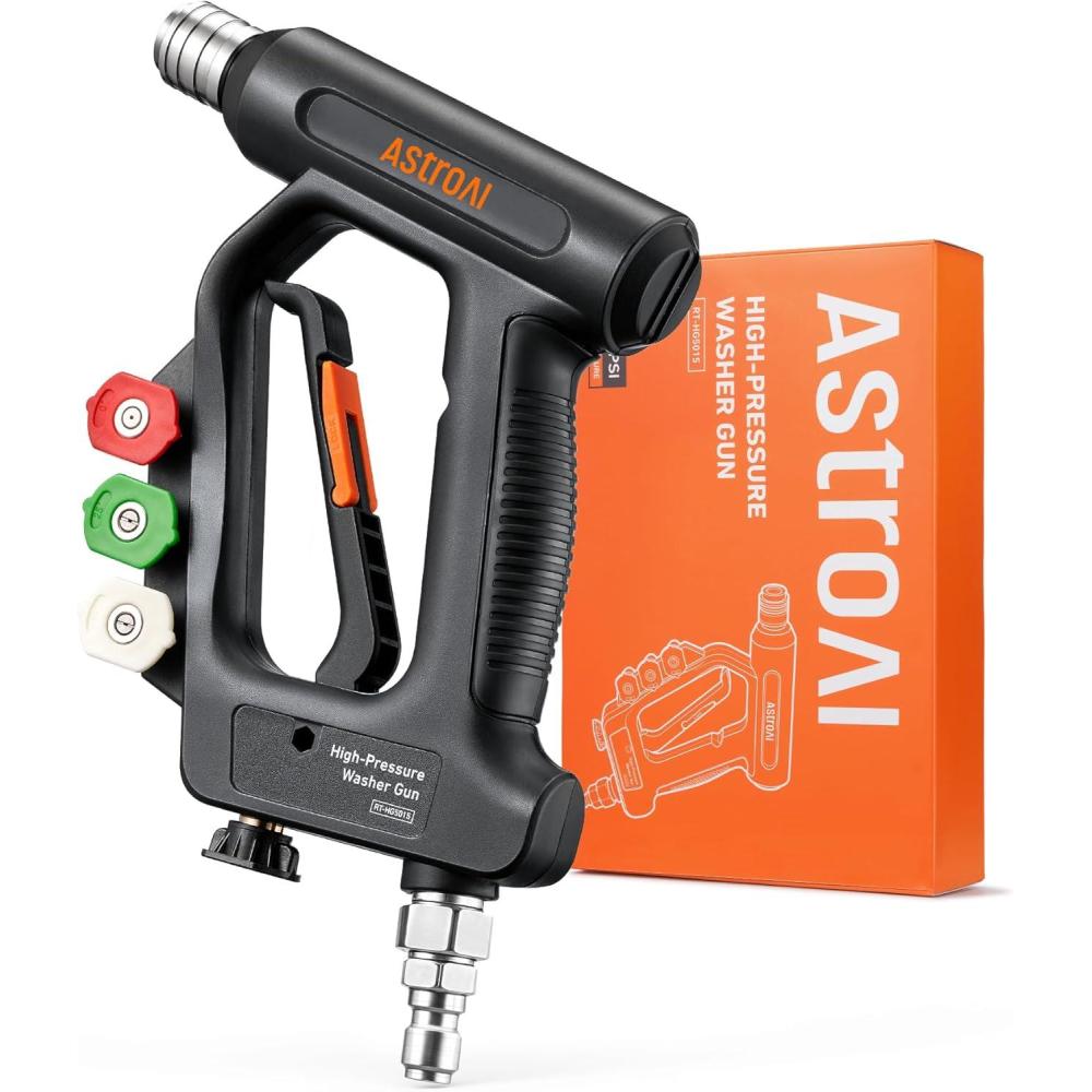 imageAstroAI Short Pressure Washer Gun with Swivel High Pressure Washer with 4 Nozzles and 38 Swivel Quick Connector Plug 4060PSI Max and Compatible with Hose Foam Cannon Car Wash Foam Gun BlackBlack