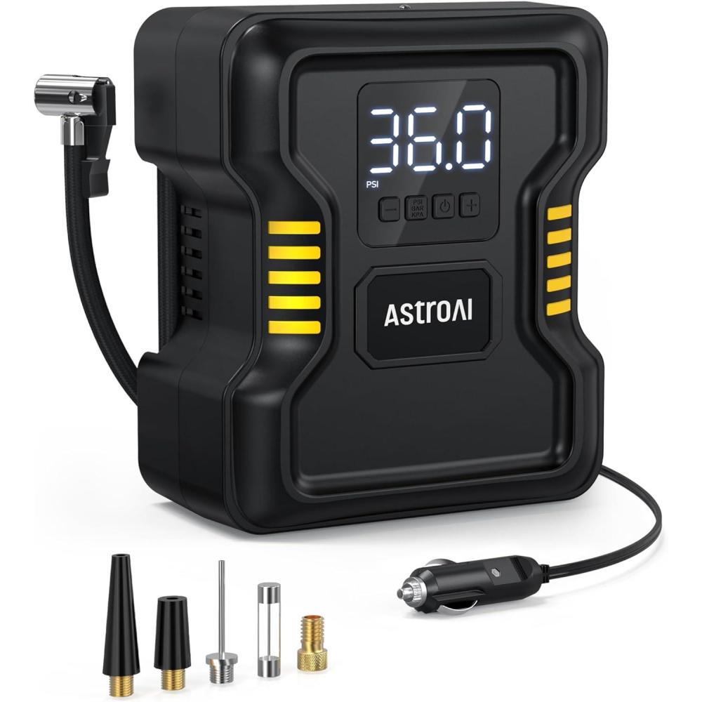 imageAstroAI Tire Inflator Air Compressor Portable 150PSI Metal Cylinder Fast Inflation Pump 12V DC with LED Light for Cars Bicycles Other Inflatables Car Accessories JY21P16012