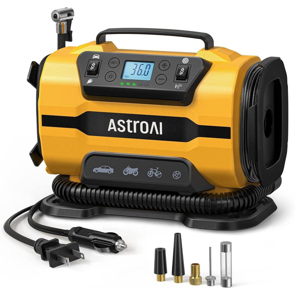 imageAstroAI Tire Inflator Portable Air Compressor Pump 150PSI 12V DC110V AC with Dual Metal MotorsampampLED Light Automotive Car AccessoriesampampTwo Modes for Car Bicycle Tires and Air Mattresses RedLight Yellow