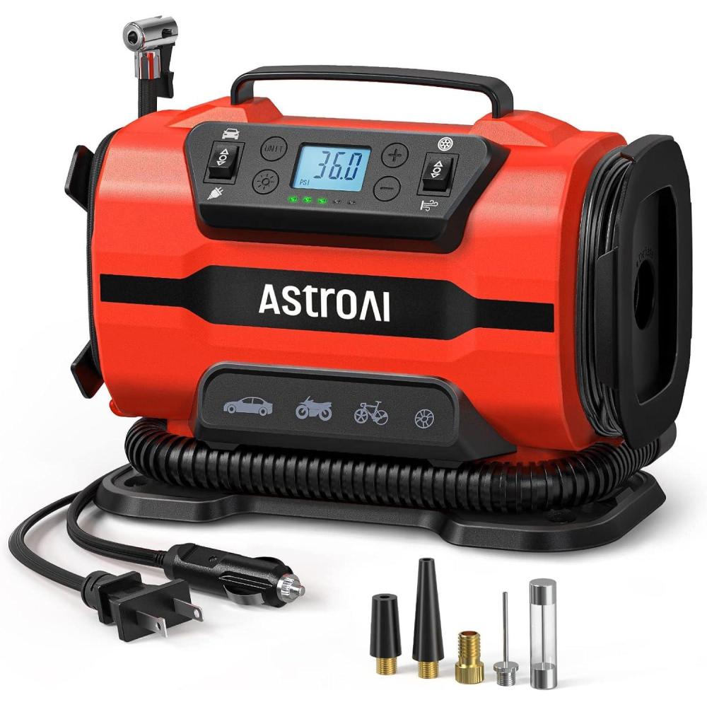 imageAstroAI Tire Inflator Portable Air Compressor Pump 150PSI 12V DC110V AC with Dual Metal MotorsampampLED Light Automotive Car AccessoriesampampTwo Modes for Car Bicycle Tires and Air Mattresses RedRed