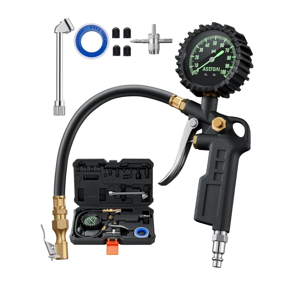 imageAstroAI Tire Pressure Gauge with Inflator 100 PSIANSI B401 Accurate Large 25quot Easy Read Glow Dial Heavy Duty Air Chuck and Compressor Accessories for Truck with Casewith case