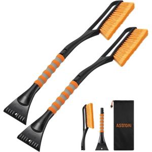 AstroAI 2 Pack 27″ Snow Brush and Ice Scrapers for Car Windshield, Detachable Snow Scrapers with Ergonomic Foam Grip for Cars, Trucks, SUVs (Heavy Duty ABS, PVC Brush, Orange)(Orange)