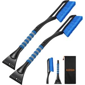 AstroAI 2 Pack 27″ Snow Brush and Ice Scrapers for Car Windshield, Detachable Snow Scrapers with Ergonomic Foam Grip for Cars, Trucks, SUVs (Heavy Duty ABS, PVC Brush, Orange)(Blue)
