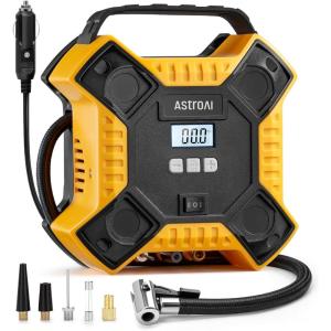 AstroAI Air Compressor Tire Inflator Portable Air Pump for Car Tires, 12V DC Integrated Metal Structure Tire Pump 160PSI with LED Light for Cars, Bicycles, Motorcycles, and Other Inflatables(Yellow)(Yellow)
